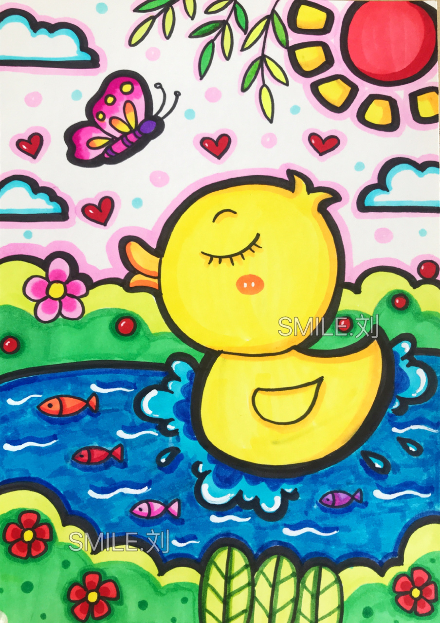 春天主题儿童画幼儿园简笔画春江水暖鸭先知              春天主题