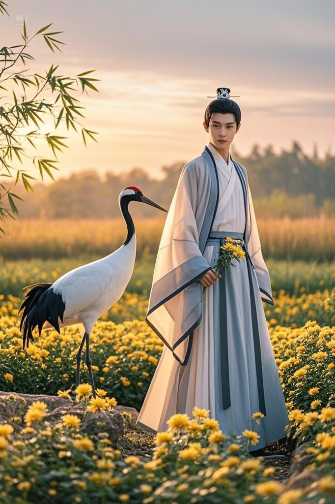 摄影,汉服,翩翩公子站着菊园里,温润如玉,一只高大的丹顶鹤相伴,悠然
