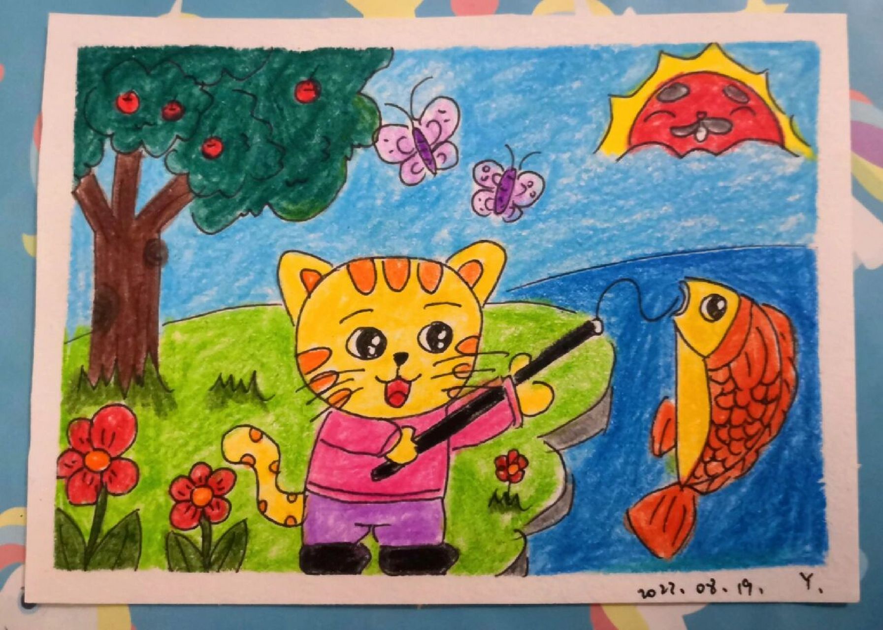 猫抓鱼简笔画图片