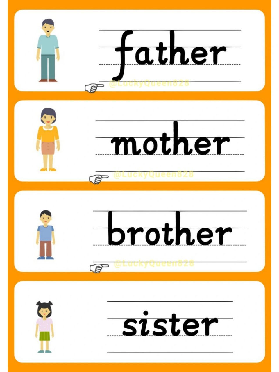 剑桥yle一级家庭成员主题四线三格图文卡