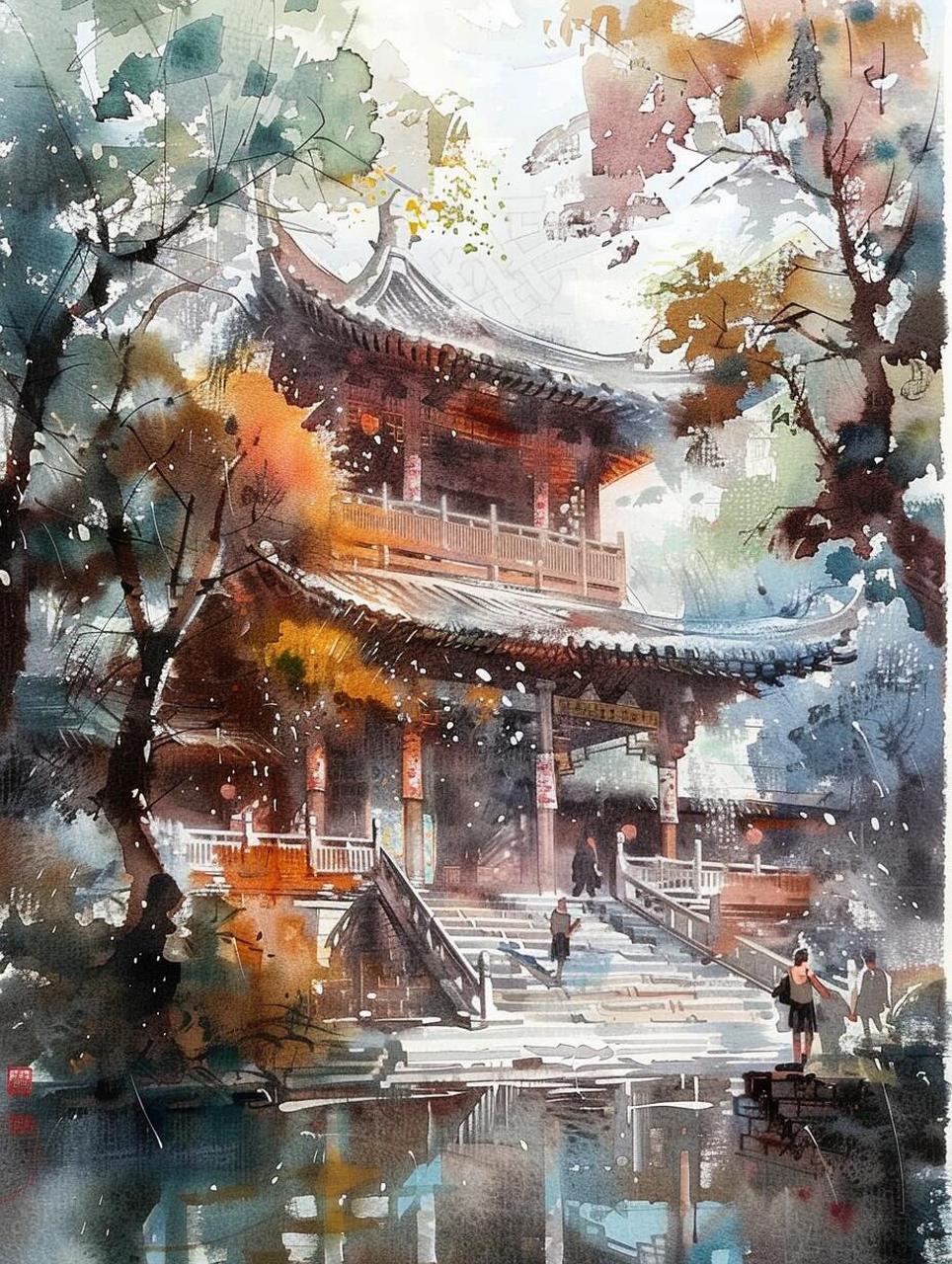 ai水彩|古亭幽境