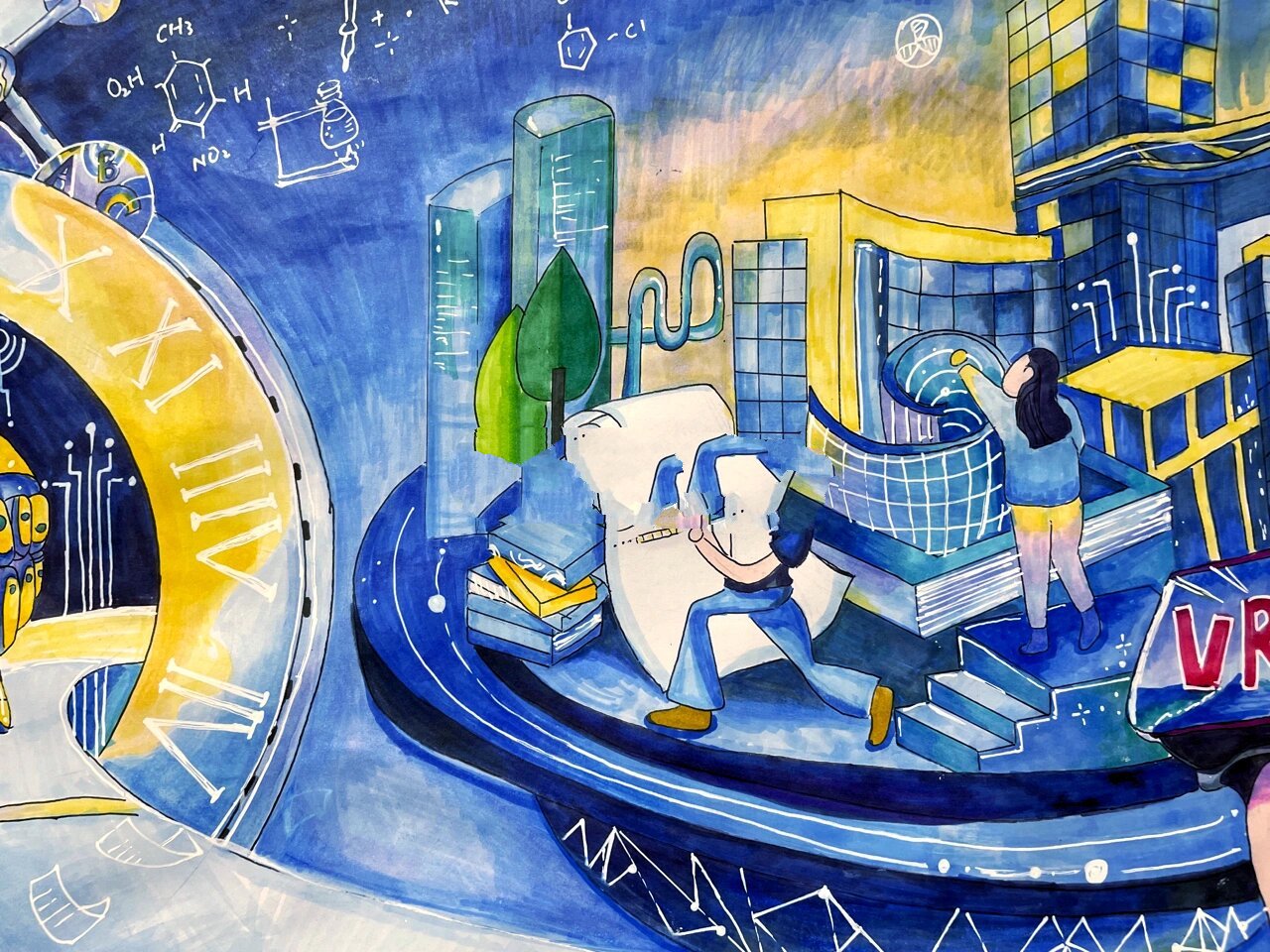张升画室|科幻画主题绘画9696《vr未来课堂》 科幻主题插画手绘