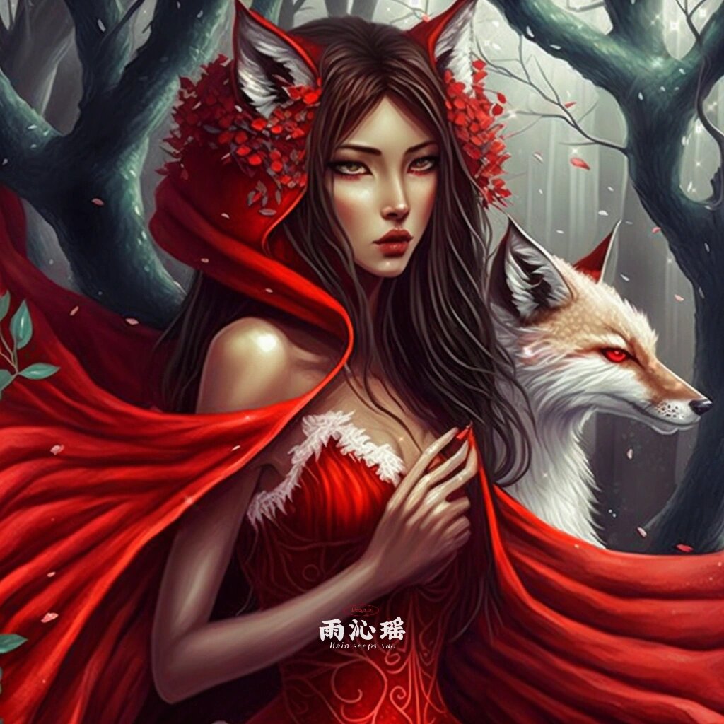【ai绘画】78狐妖系列之红狐 "狐妖一头暗红色长发,未绾未系披散在