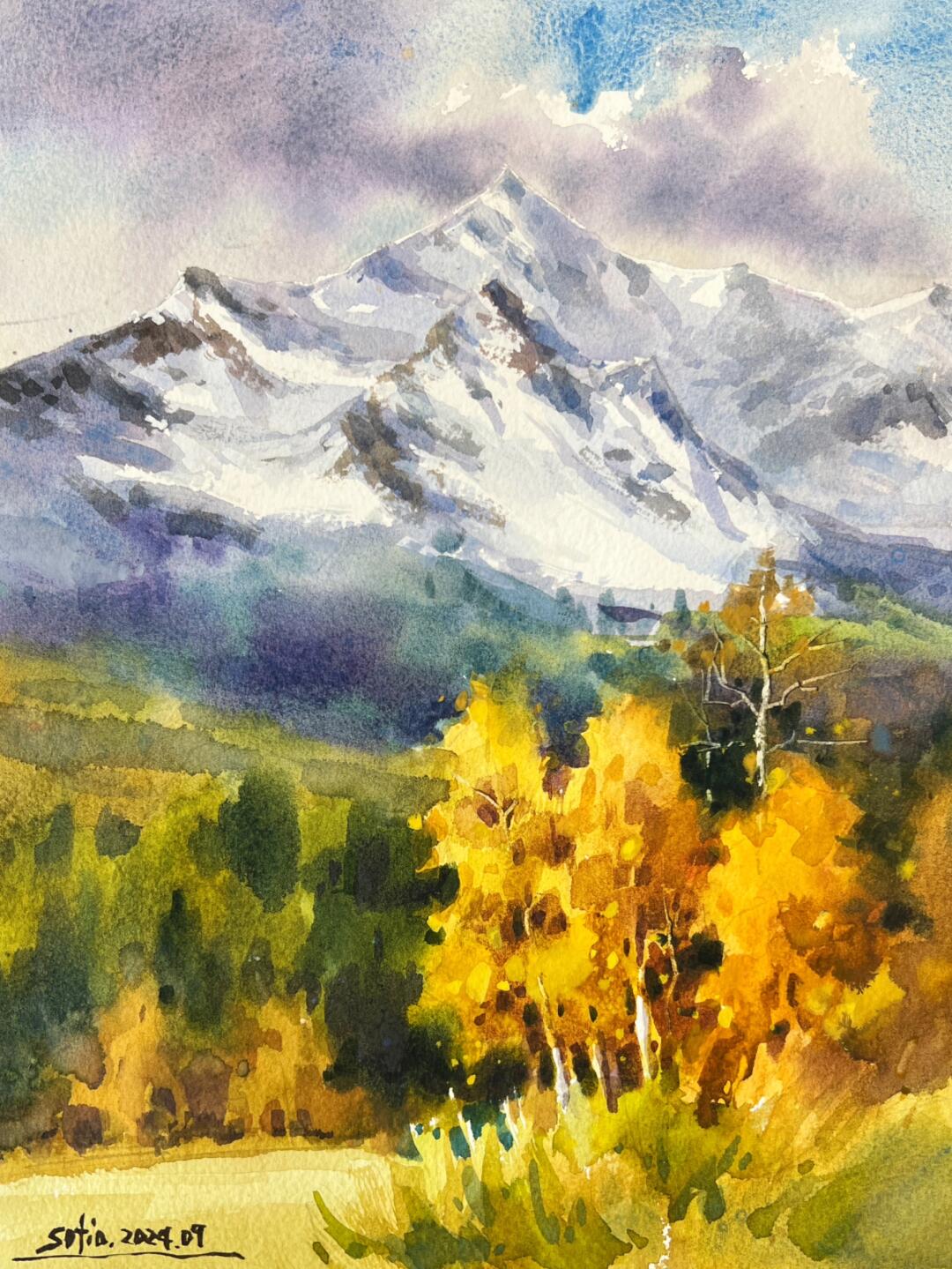 水彩|雪山下的秋色,全步骤分享 年课里的同学宝子许愿画雪山,这不就来