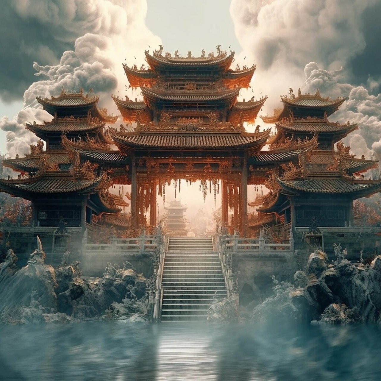 midnourney 蓬莱仙境 据说,蓬莱位于大海之中,是中国古代的传说之地