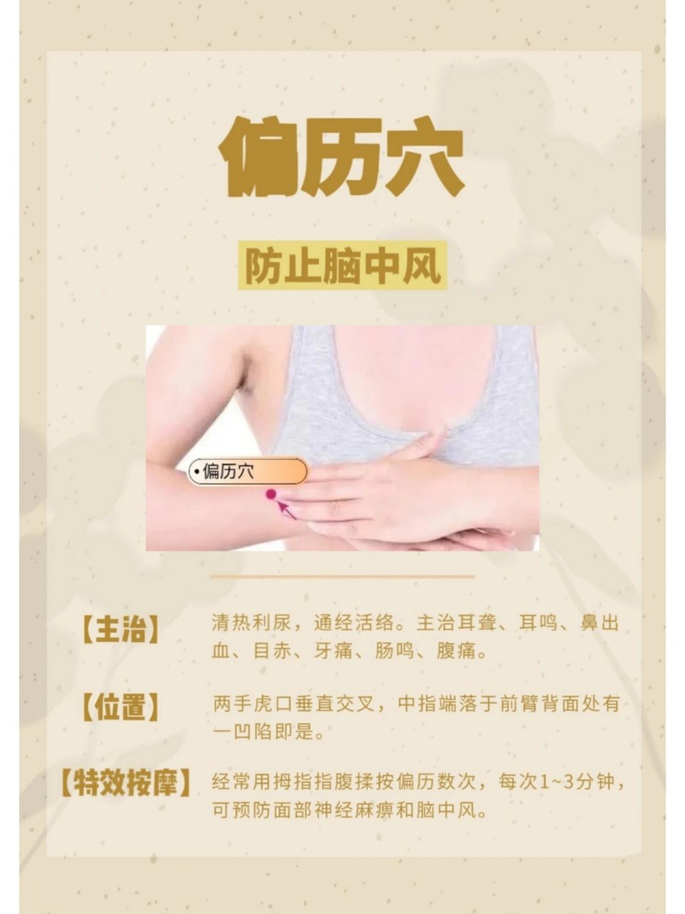每日一穴|偏历穴,防止脑中风 偏历穴:防止脑中风 偏,偏离;历,行经.