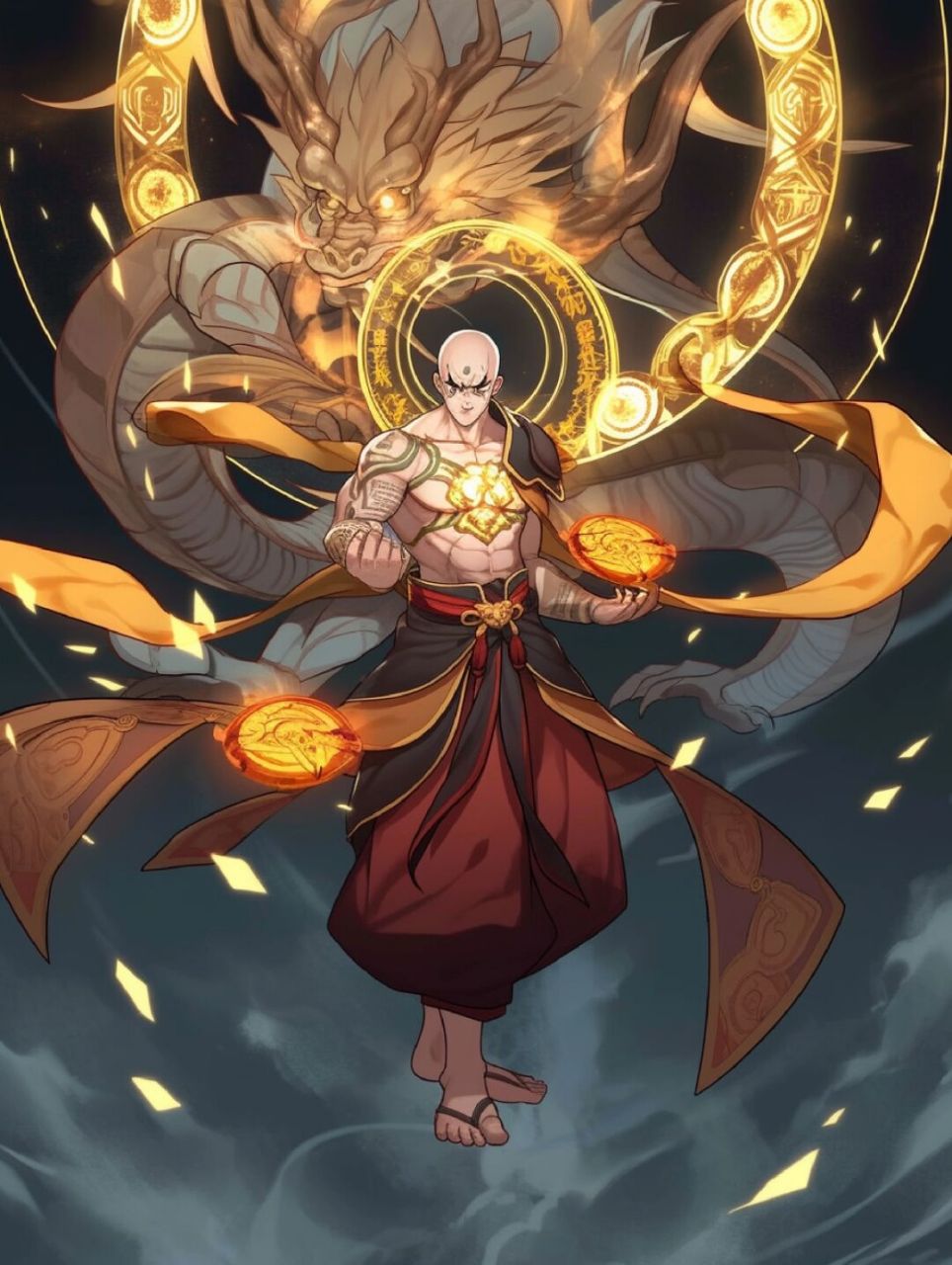 佛道-降龙罗汉 十八罗汉里的降龙尊者 咒语:a bald chinese monk with