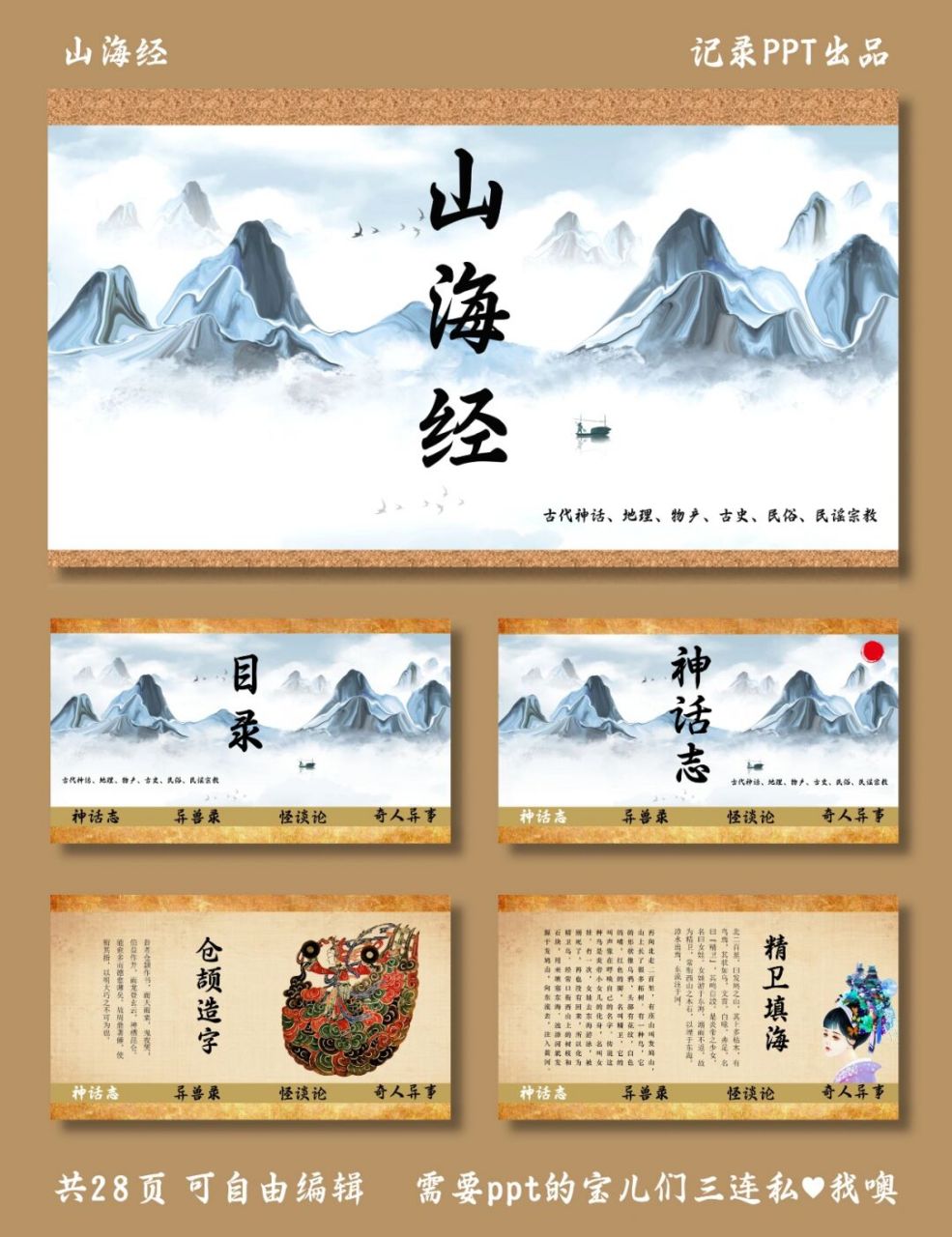 模板 目录包括神话志,异兽录,怪谈论,奇人异事 #山海经# #山海经ppt