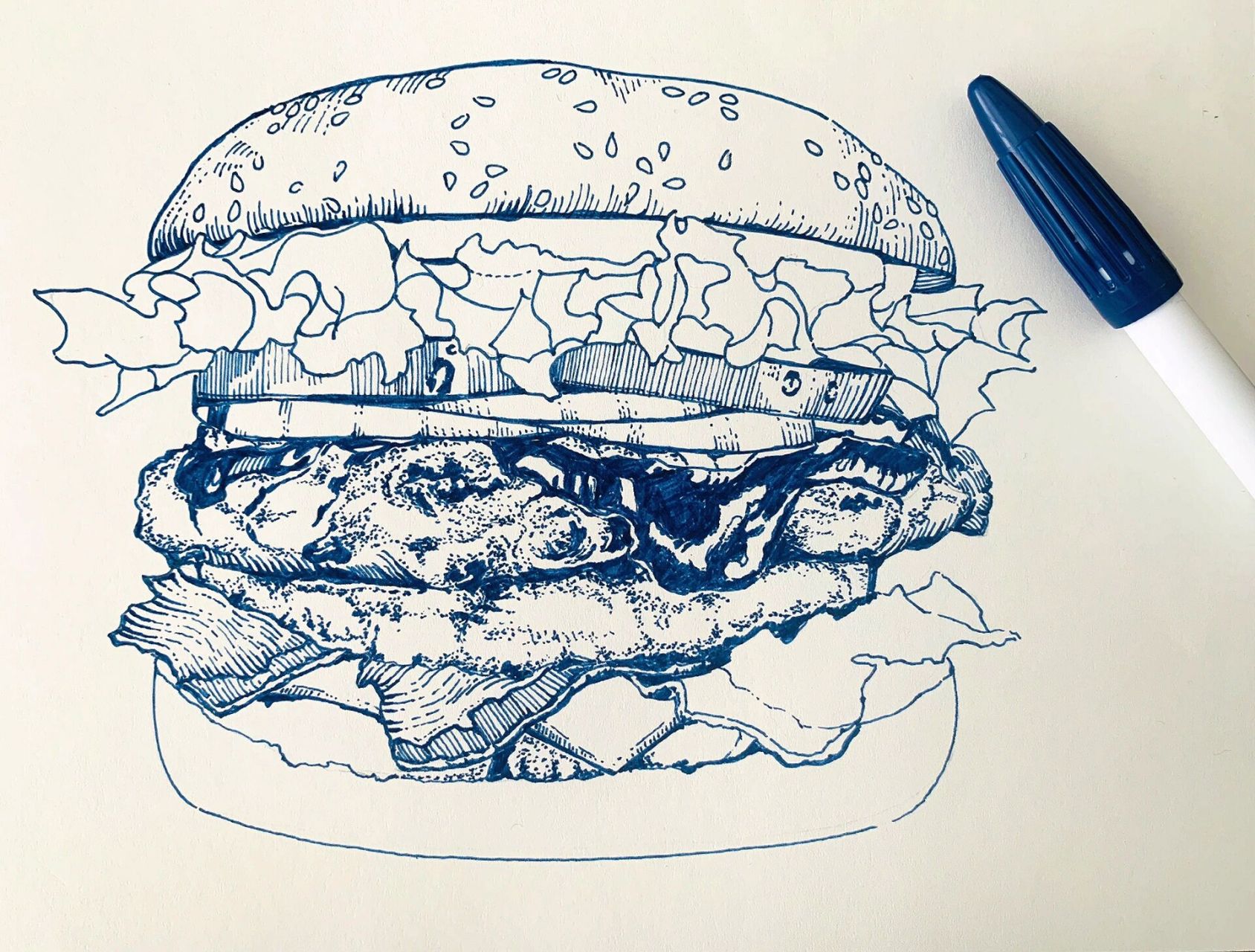 钢笔手绘美食插画27|巨无霸汉堡 线描插画手稿分享～素材