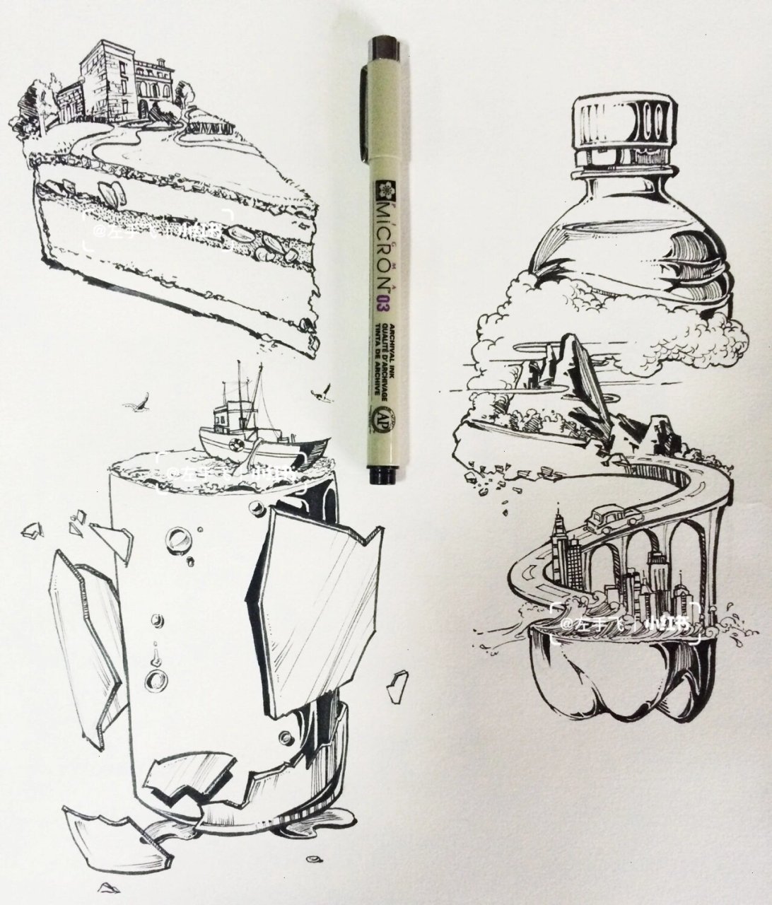 黑白针管笔手绘 | 创意单体设计 黑白手绘 | 创意设计 结合素材进行