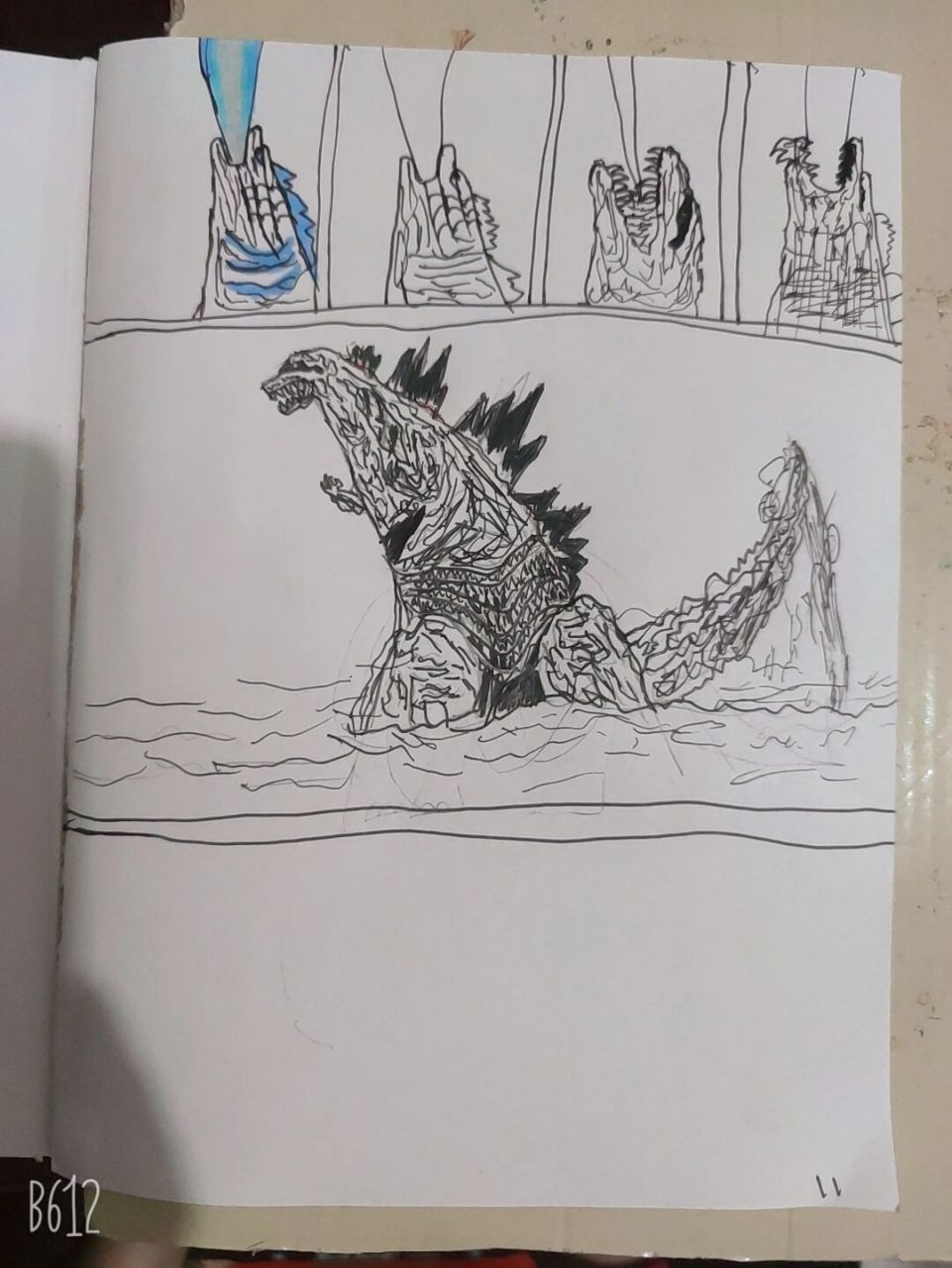 今日简笔画,小朋友画的哥斯拉