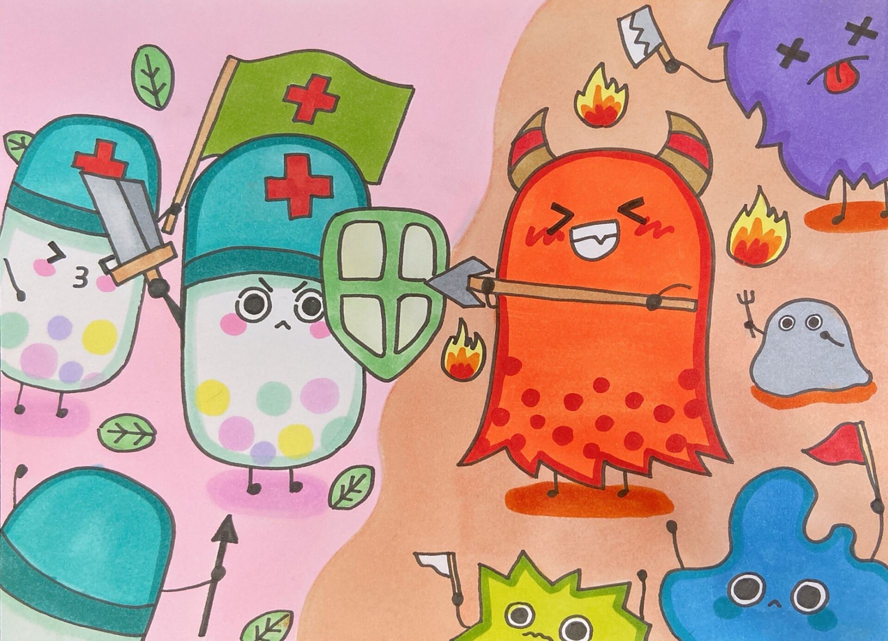 细菌病毒大战免疫系统儿童画简笔画武器儿创 美术宝 身体发作战 课效