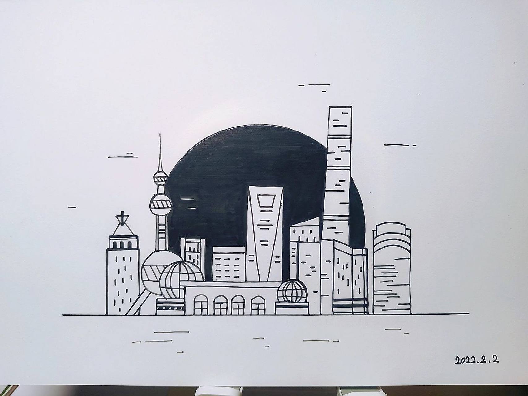 黑白简笔画d32——上海外滩(含步骤) 今天画画城市的房子 	 临摹自