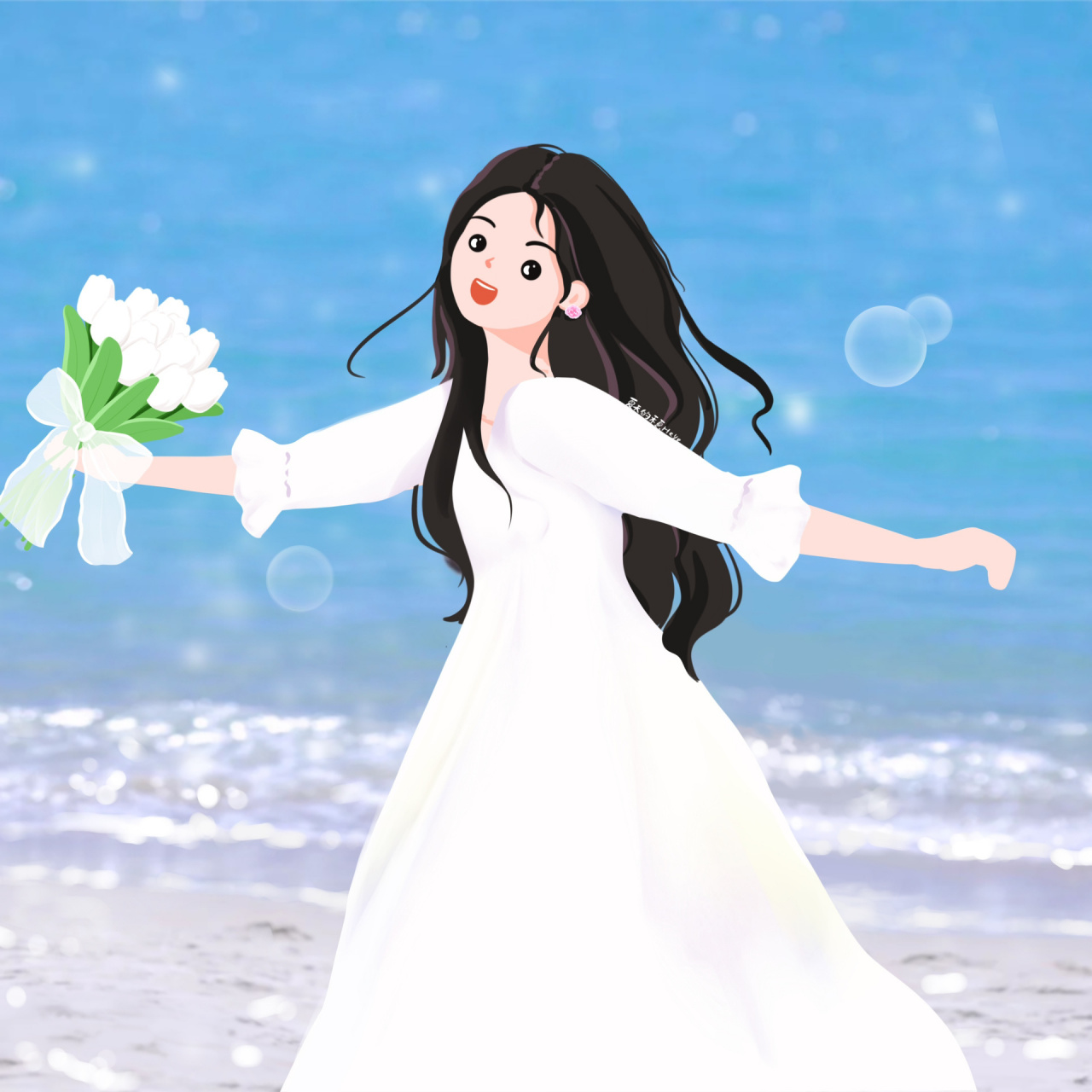 插画头像 | 可爱的海边郁金香女孩93 一束花,一个人,一种美~ 背景多