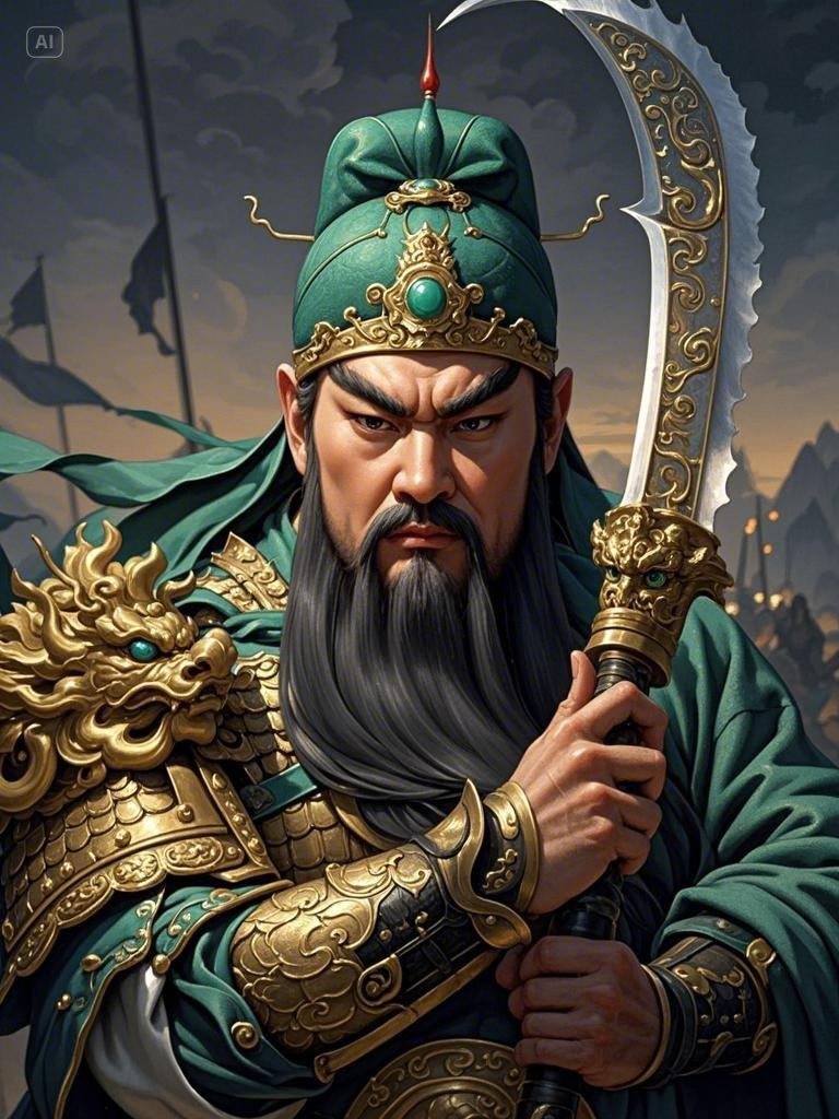 古典油画,国风风格,古代三国时期蜀国大将关羽全身像,英俊威严,完美的