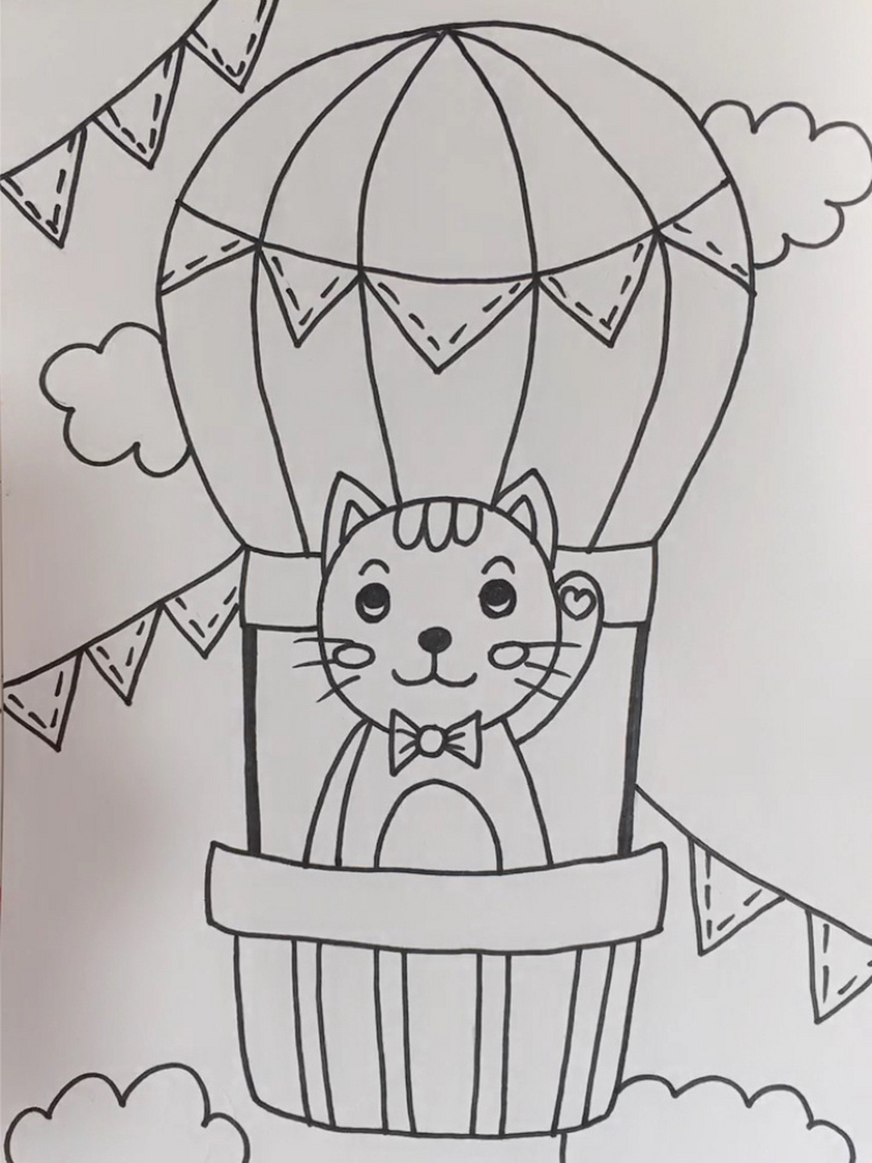 【小猫咪乘热气球】马克笔手绘儿童画简单 部分作品含线稿图(画的时候
