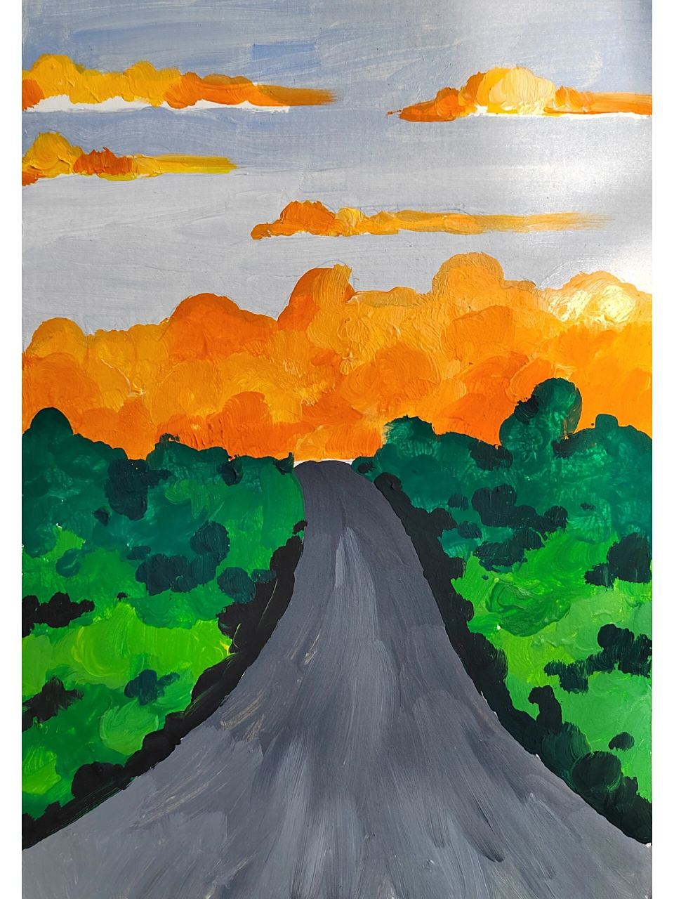 儿童水粉风景画《日落大道》 临 适合8岁以上小朋友,起型简单,色彩