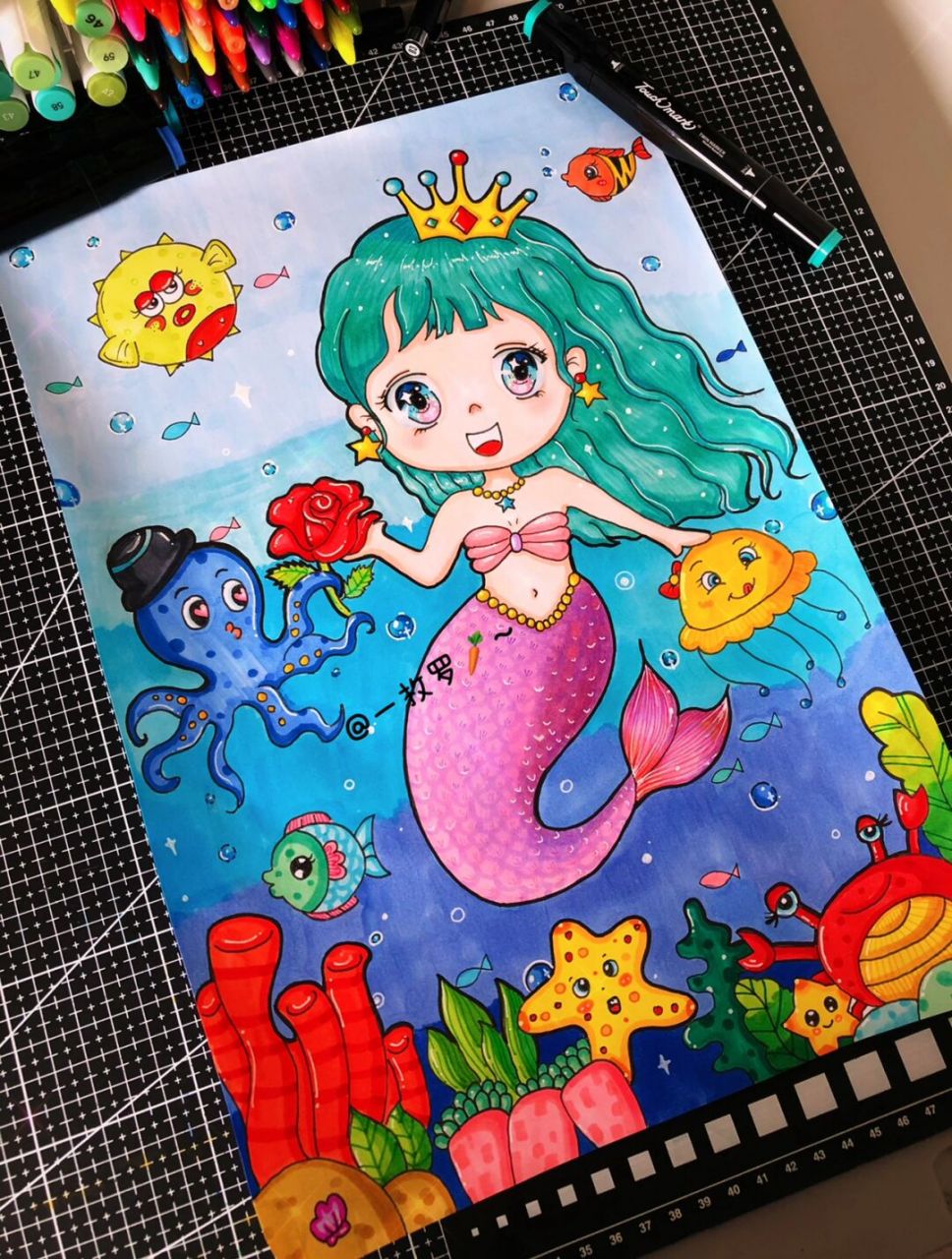 儿童创意画|海底世界主题画|美人鱼 可爱的美人鱼0469♀15被