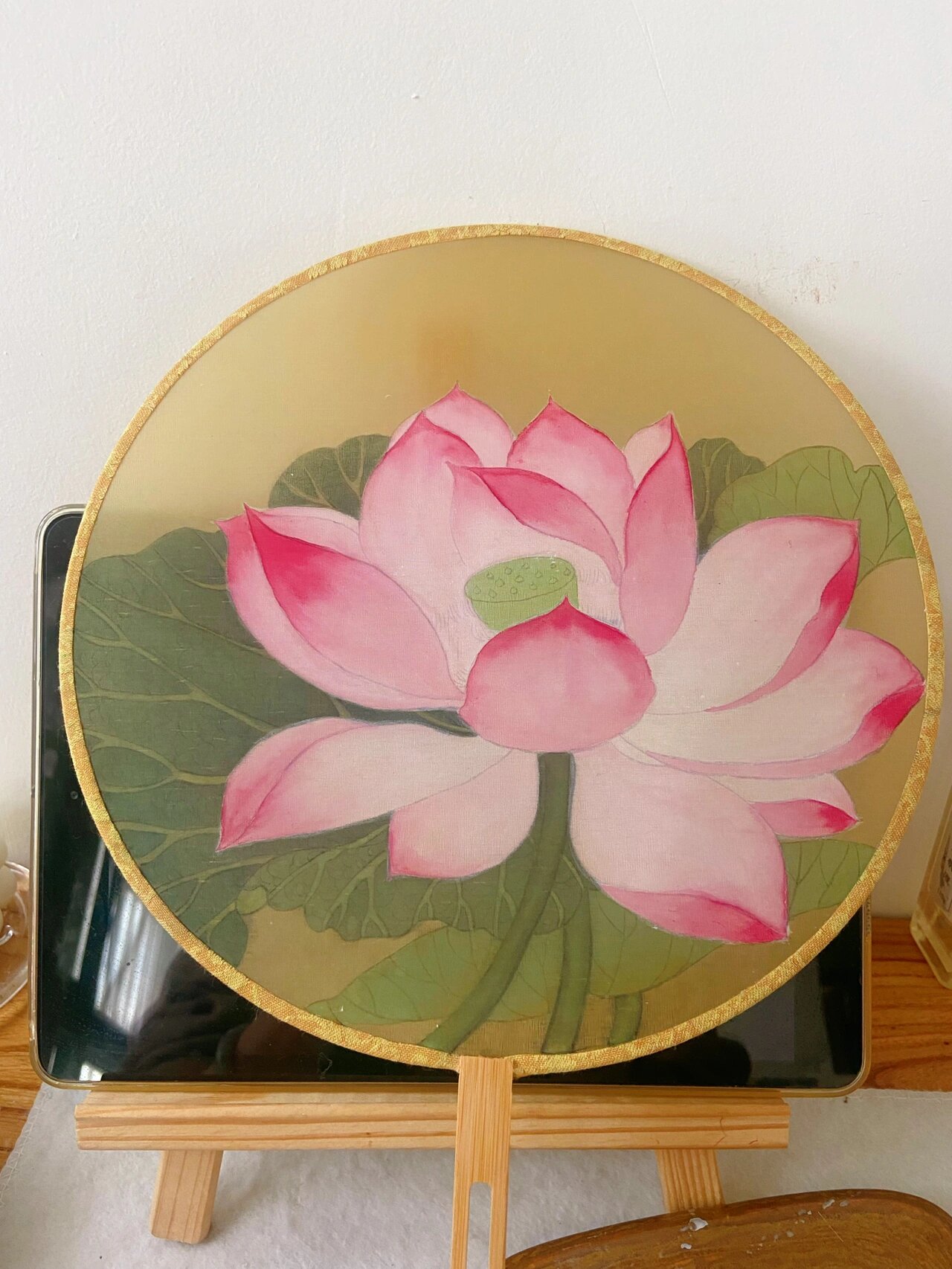 出水芙蓉图 手绘扇面 工笔 国画小品附教程