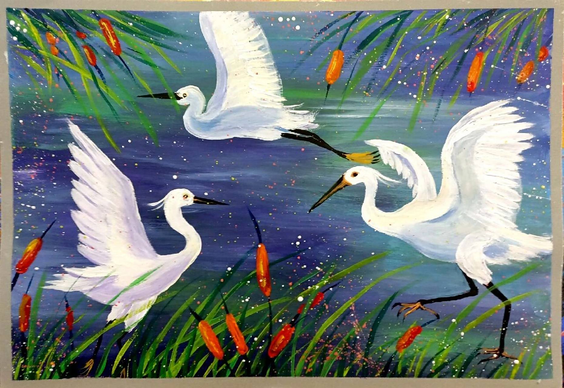 创意水粉画——《水边白鹭》 绘画主题:《水边白鹭》 适合年龄:8—10