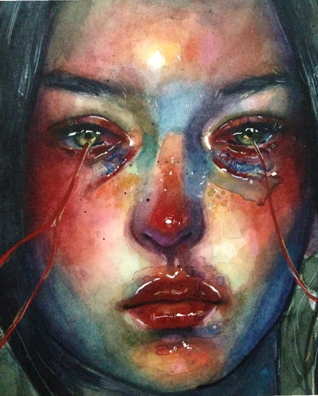 色彩悲伤绘画作品悲伤油画图片双手捂着眼睛哭泣流出眼泪暗黑系图片