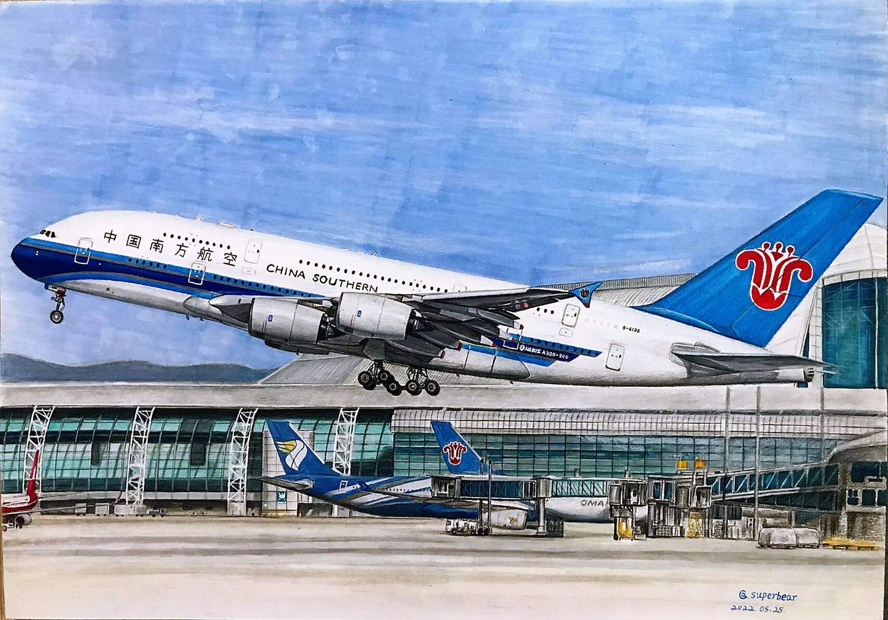 手绘-南航a380白云0115 a3尺寸,每天画一会,用了一周多完成.