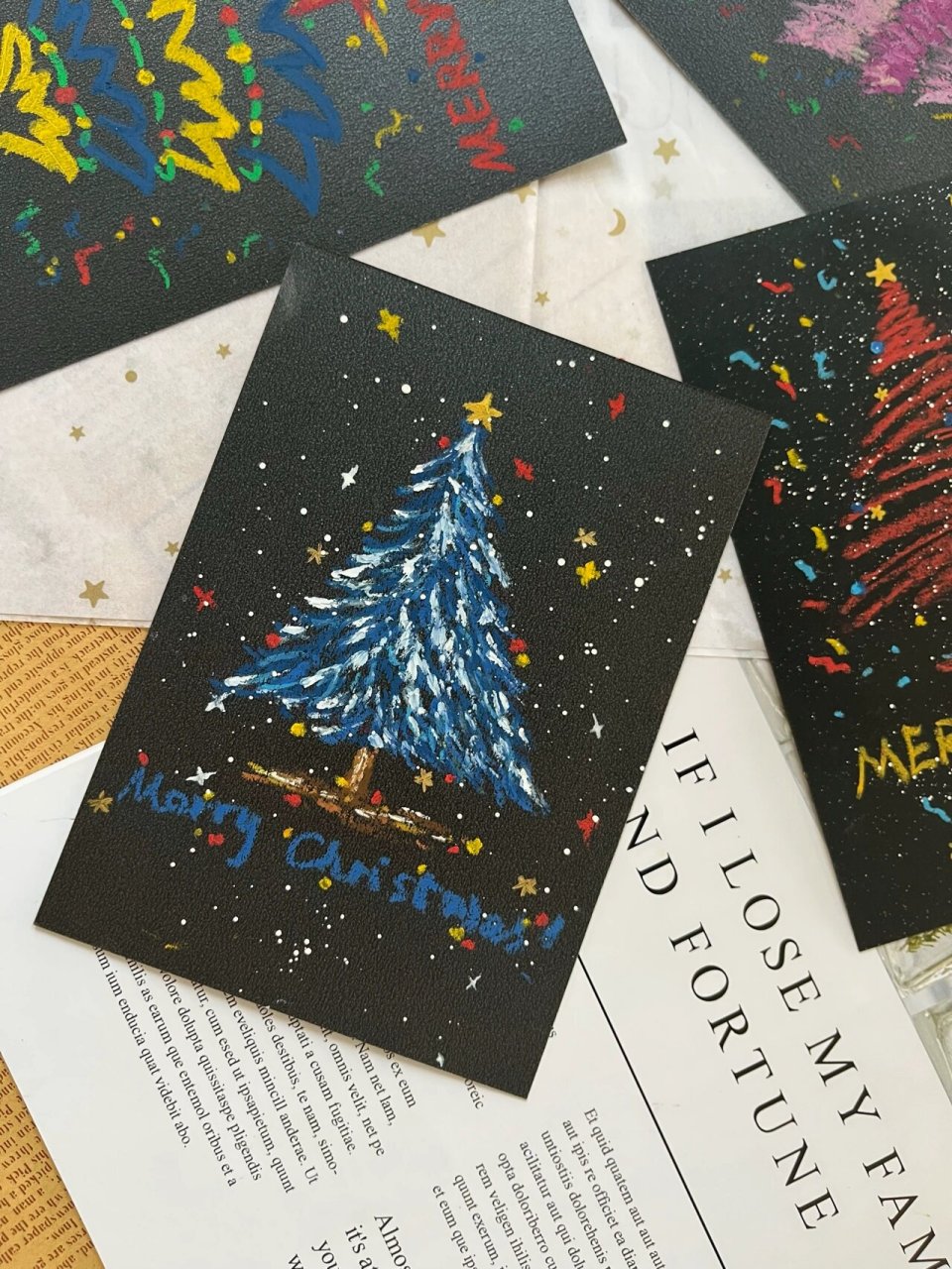 油画棒课程 黑卡纸圣诞树9078 用黑卡纸画了一组简笔画圣诞树90