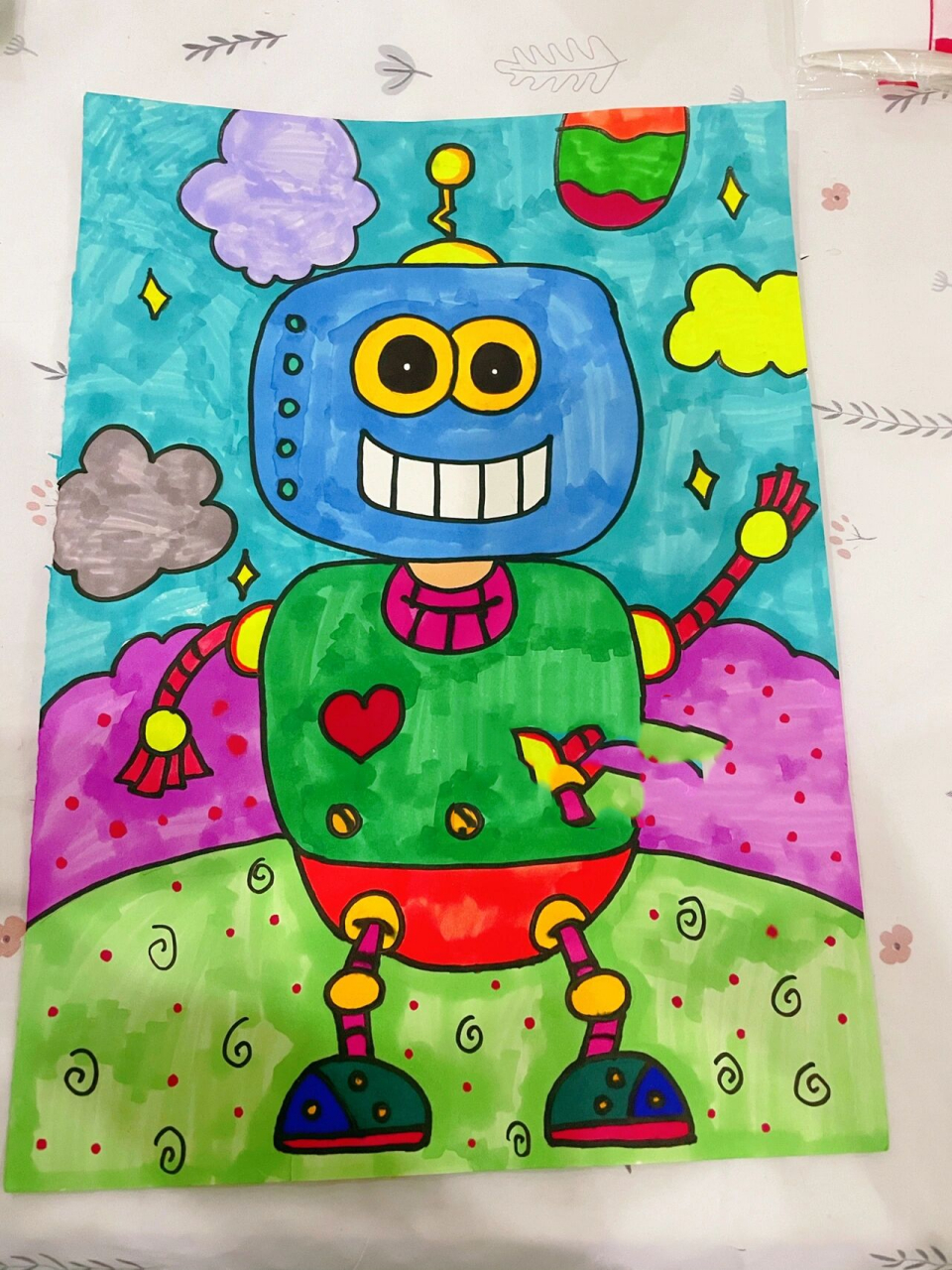 儿童简笔画《机器人》 8k素描纸,勾线笔,马克水彩笔