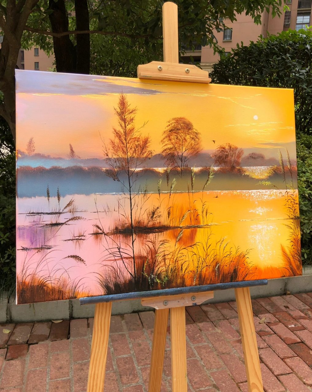 油画丙烯风景画日落黄昏芦苇教程 尺寸:50*70 落霞与孤鹜齐飞 秋水共