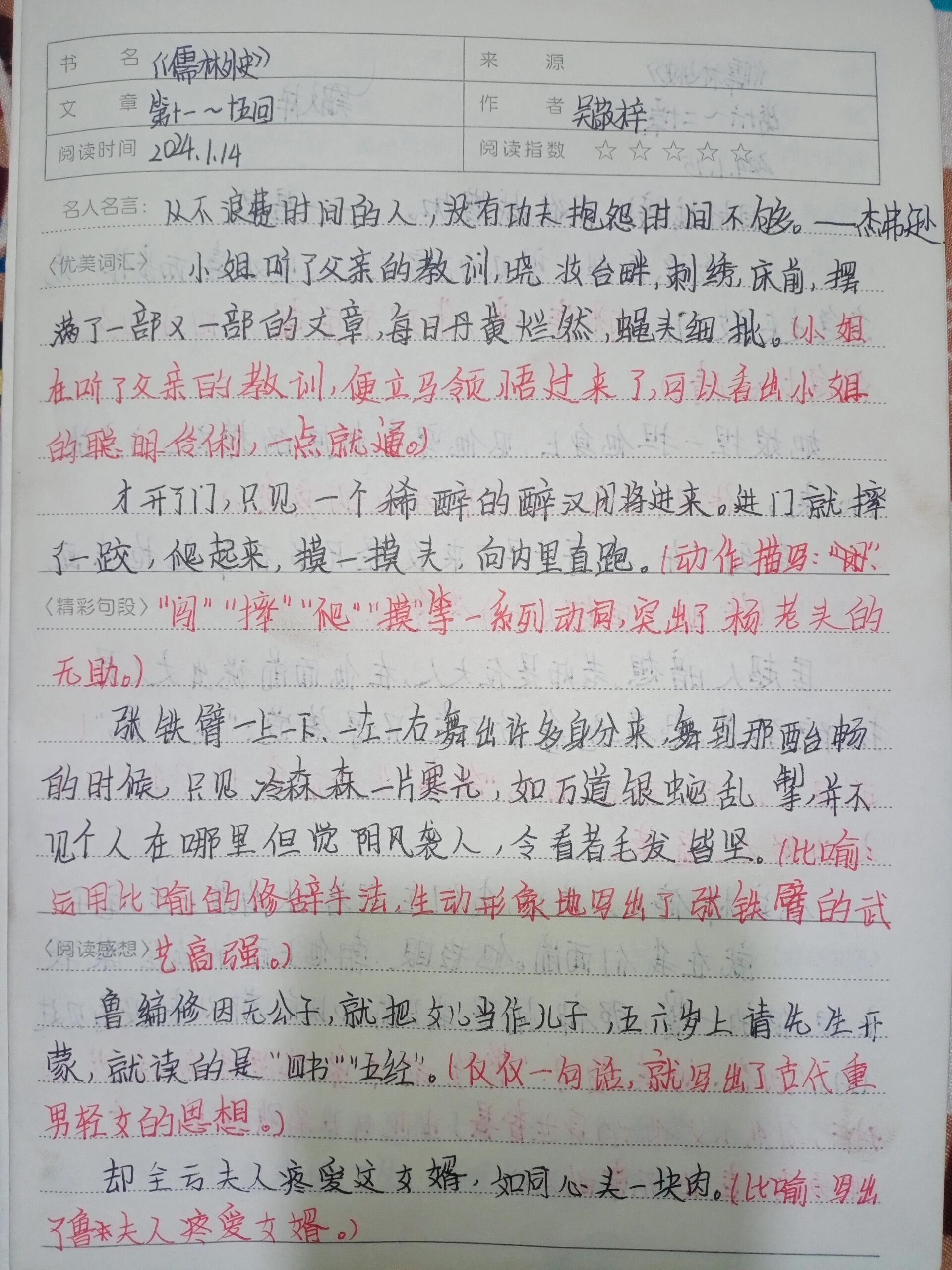 儒林外史读后感手写图片