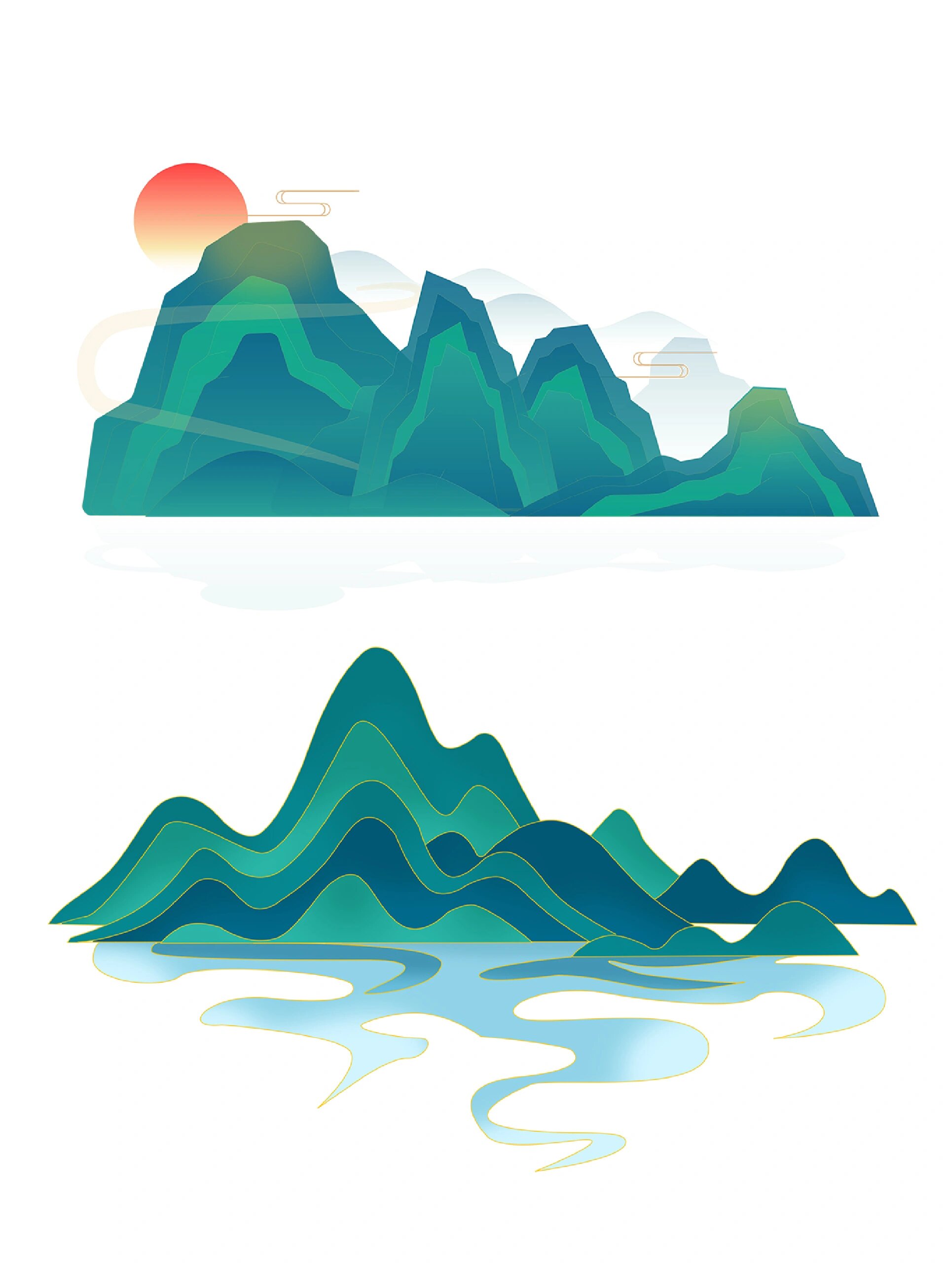 🍃绿色手绘国潮古风中国风山水元素png素材 🍃绿色手绘水墨风国潮