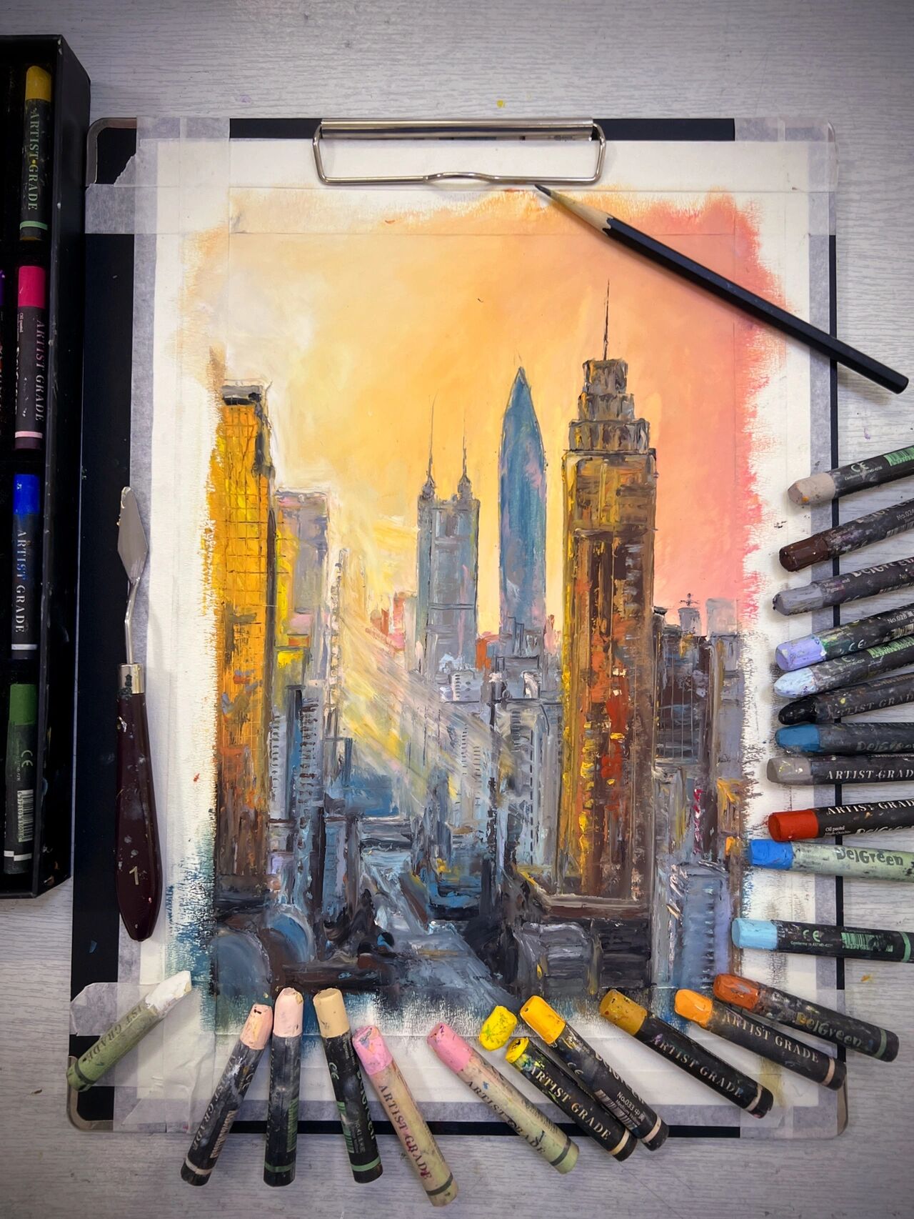 油画棒城市风景原创《高楼大厦》(附步骤) 夕阳是个浪漫主义者