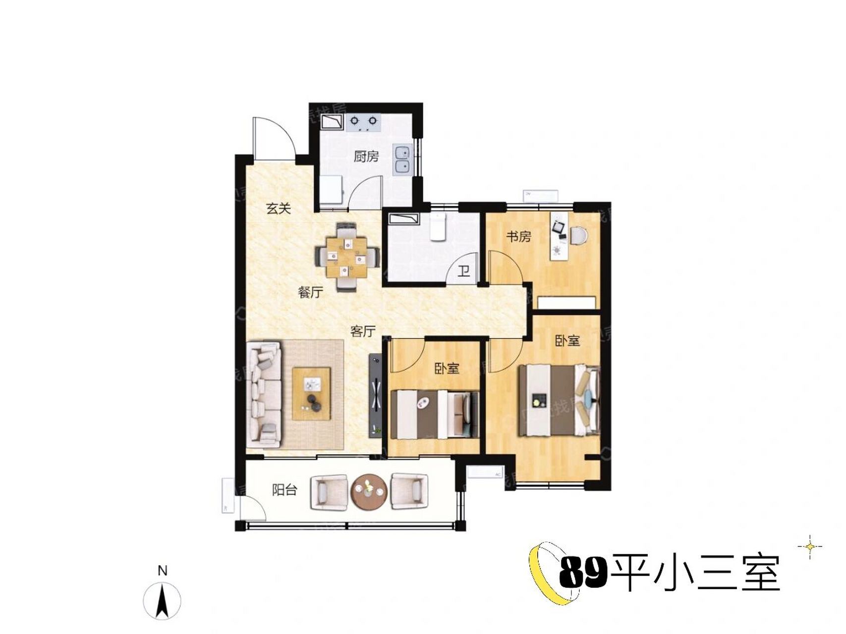 户型图 89平小三房设计 厨房门在南边,餐边柜只能放在入户门和沙发