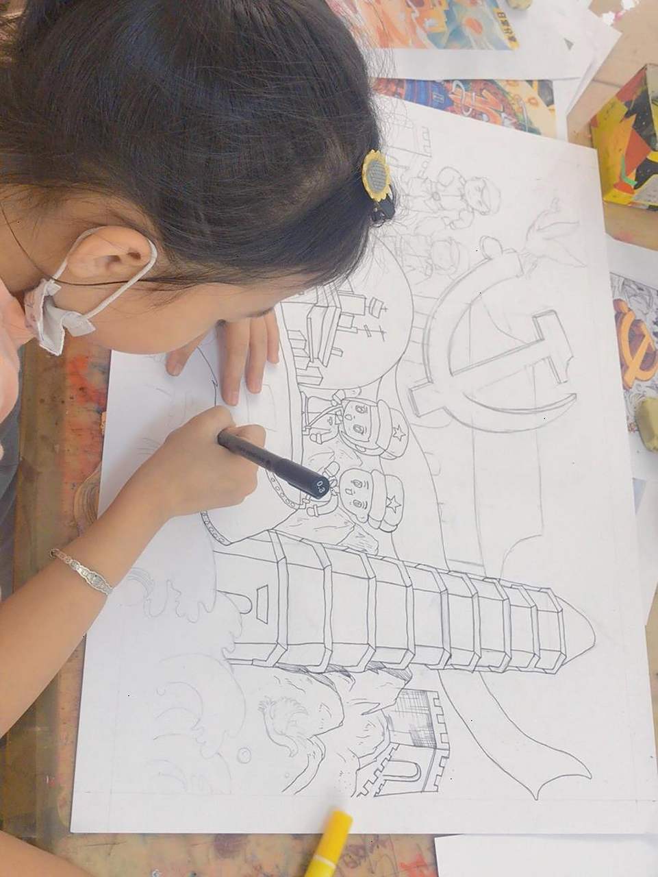 延安红色主题绘画—少儿创意美术 比赛作品～四开大作品,从起稿到上色