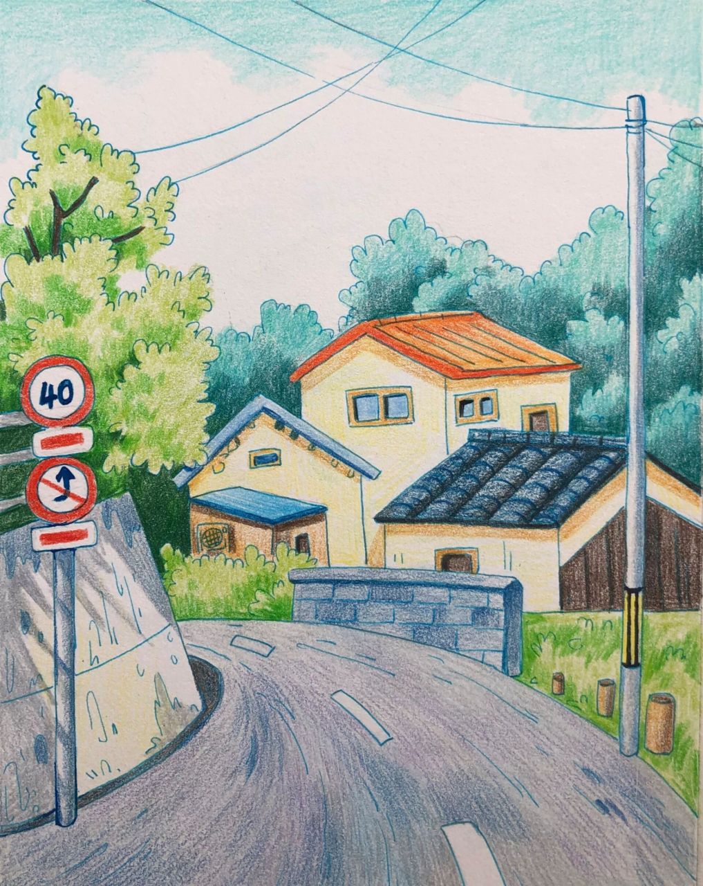 彩铅风景手绘《美丽的村庄》过程图 临万小悠 16开素描纸 本范油性
