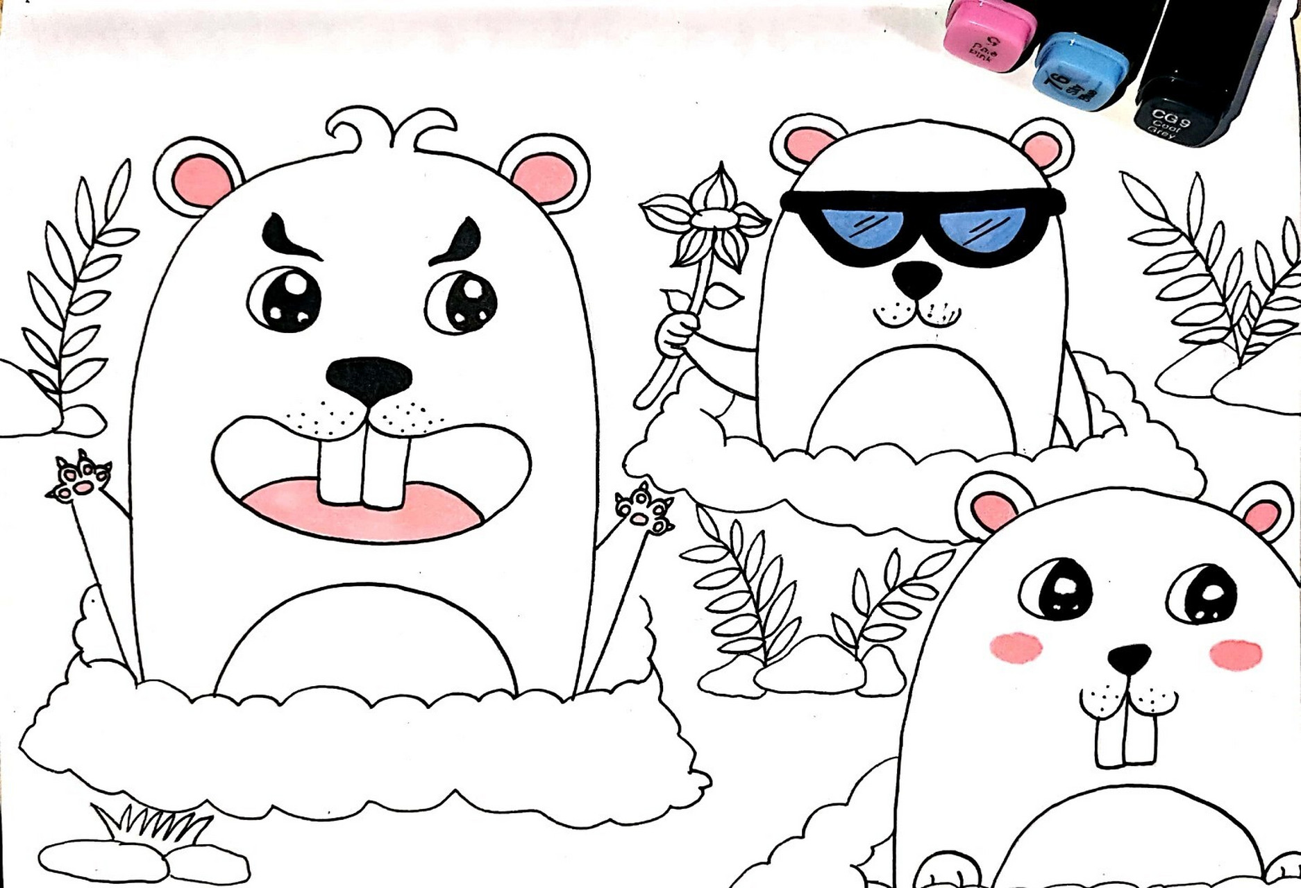 可爱的地鼠 创意儿童画 简笔画 线描 马克笔