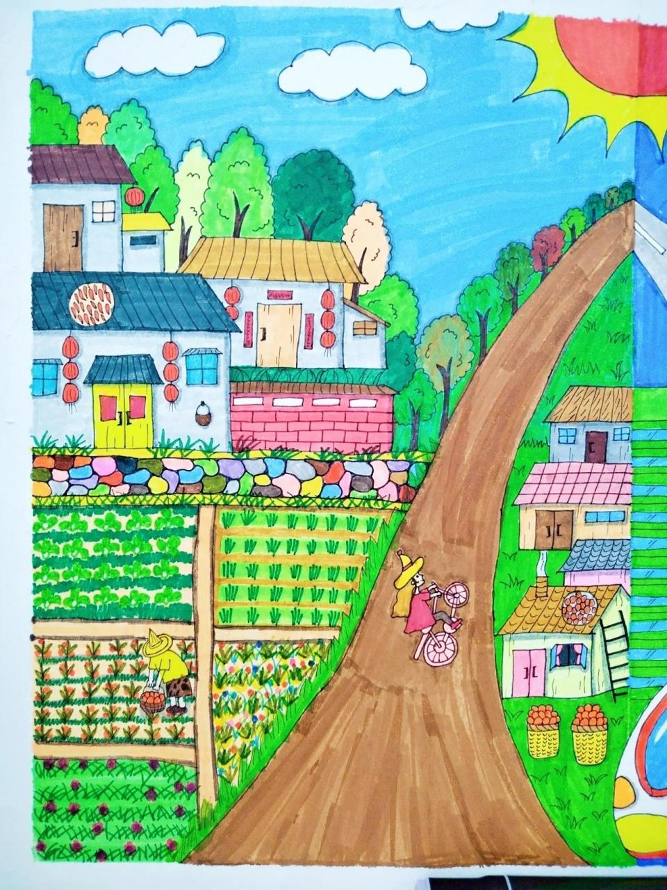 幼儿园绘画作业《家乡的变化》 美丽的家乡 左边,农田菜地矮房子小路