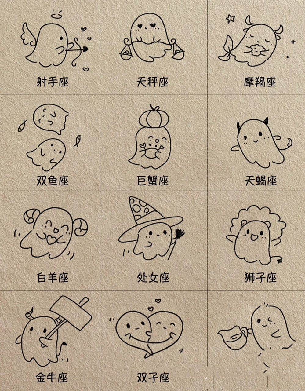 可爱的十二星座小幽灵简笔画