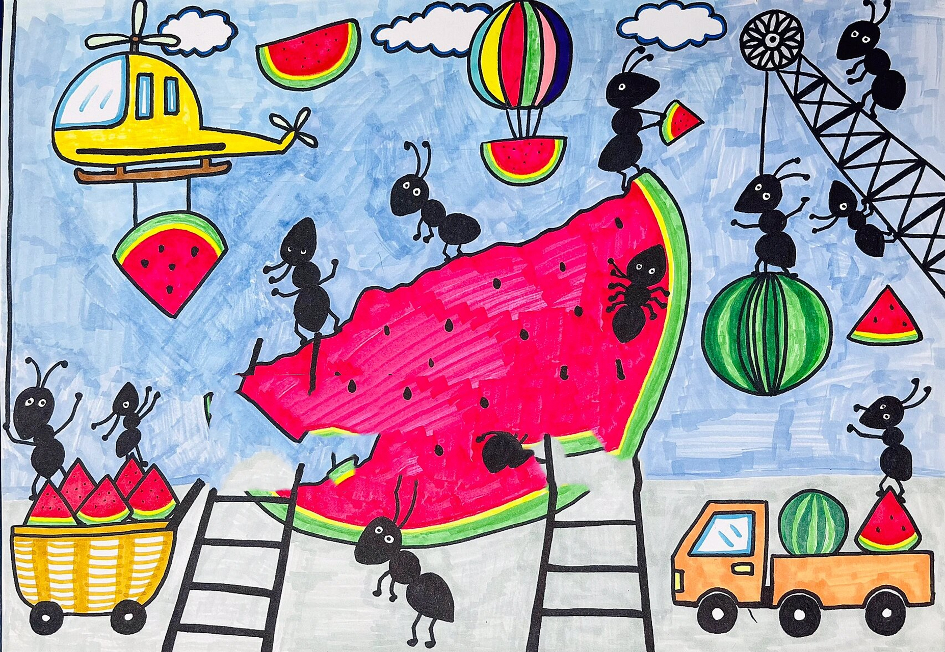 马克笔创意儿童画丨蚂蚁92搬西瓜91