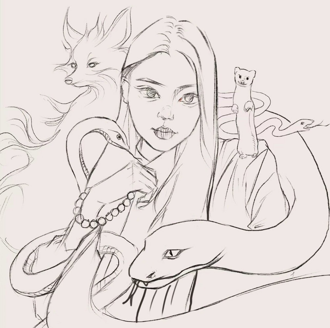 美女蛇 ai线稿转手绘,转照片