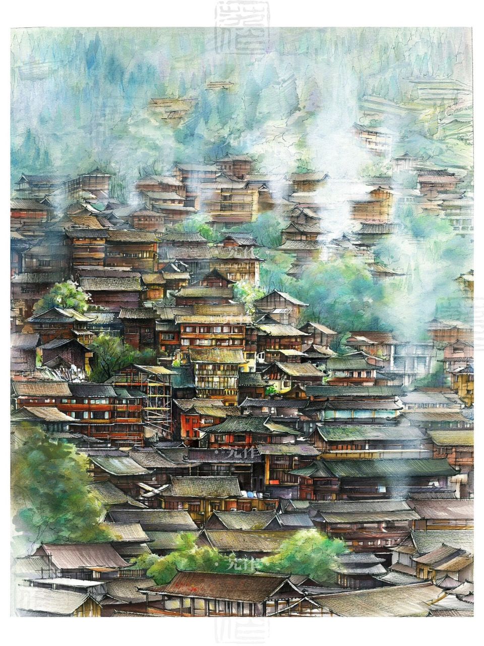 分享 :原创手绘插画|贵州 西江千户苗寨 古村落 	 :绘画工具|马克笔