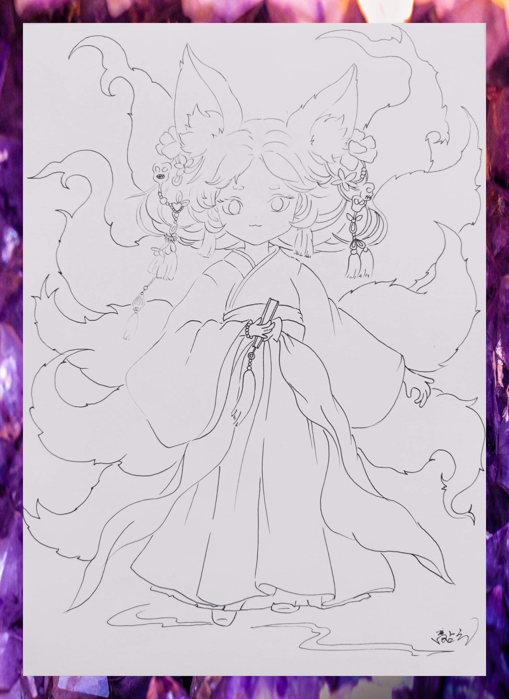 九尾狐国风线稿源自山海经