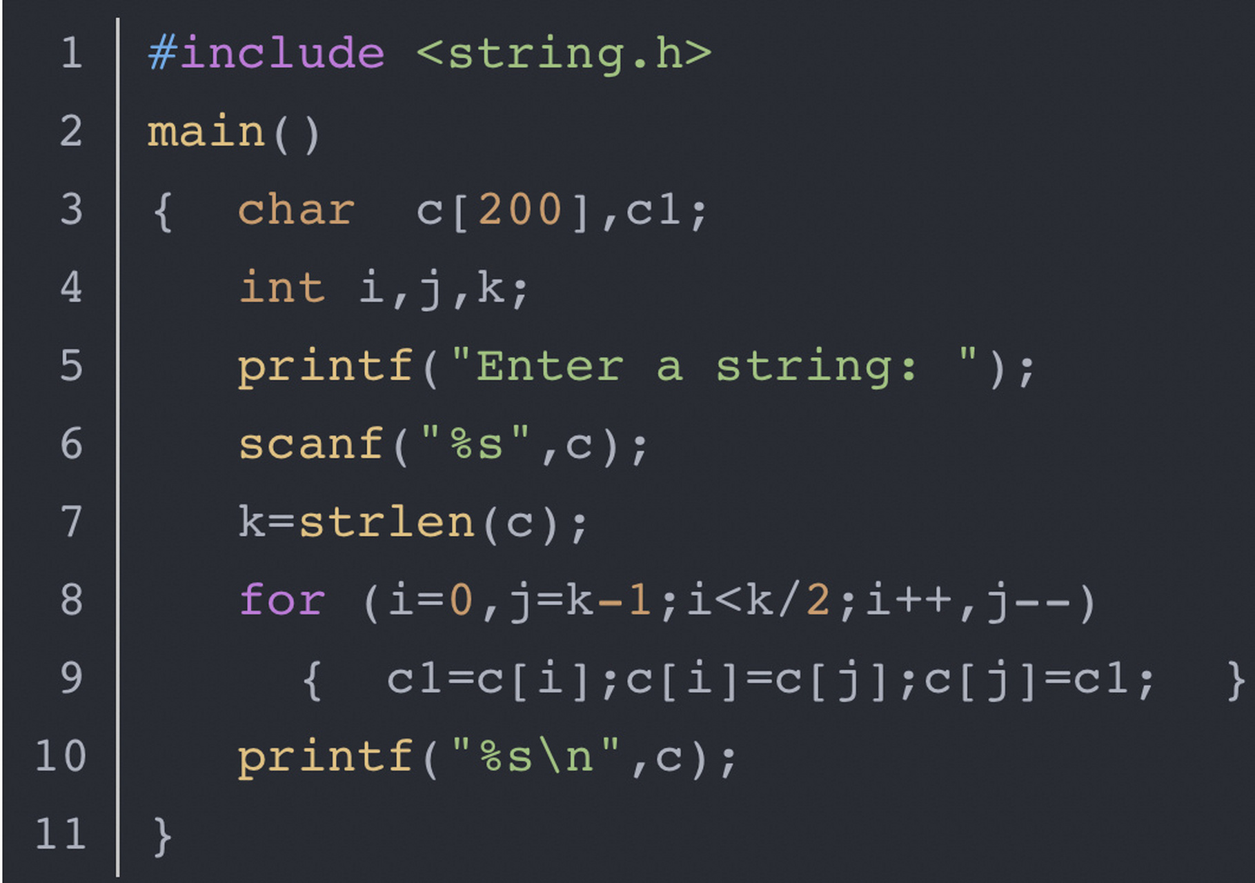 完善程序,实现将输入的字符串反序输出 #include main() {  char  c