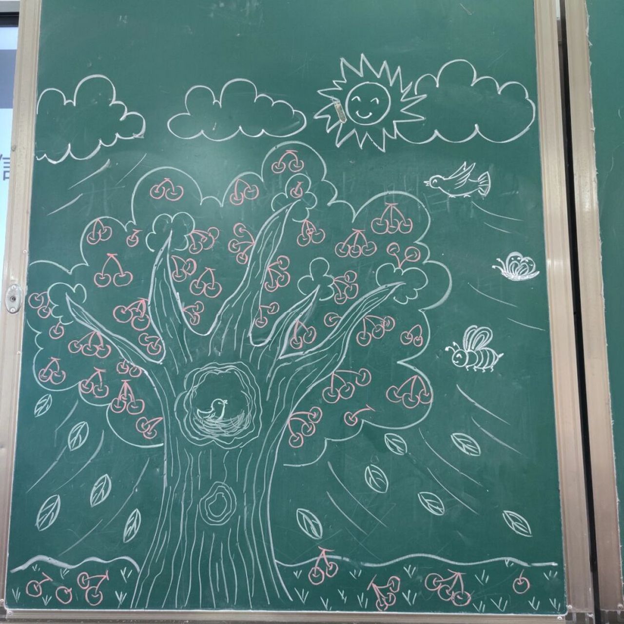 小学美术老师黑板简笔画示范—樱桃9090 #简笔画# #儿童画# #少儿