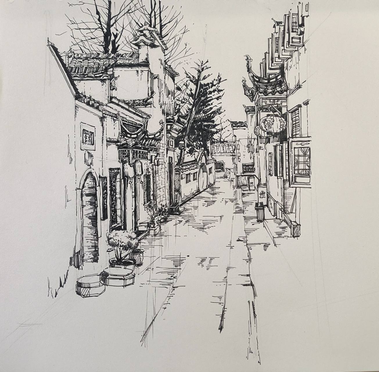 徽派建筑速写画一画