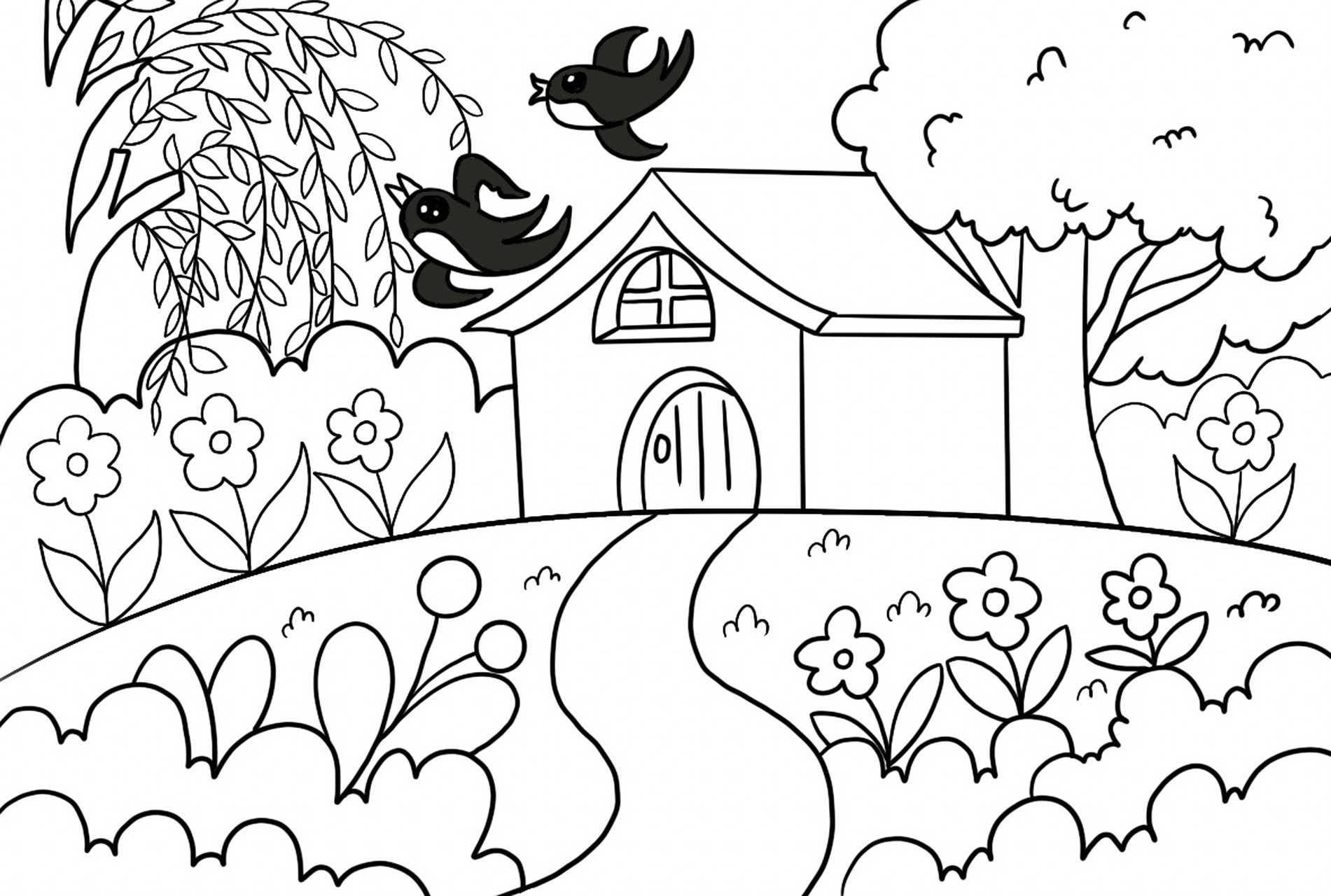 春天来了儿童画 房子卡通画主题花 春天来了儿童穿创意画