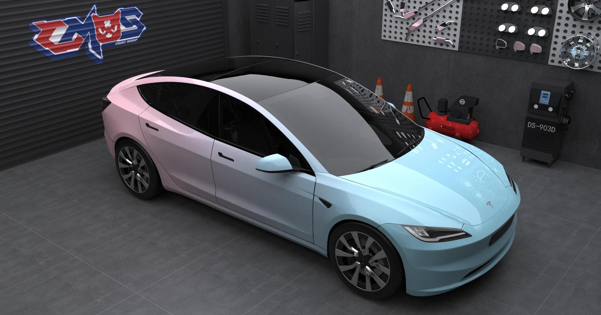 特斯拉model3彩绘涂装贴膜 蓝粉渐变.