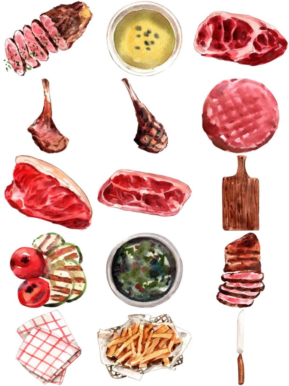 水彩手绘西餐厅西冷牛排牛肉插画餐牌海报印花装饰图png免抠素材 可以