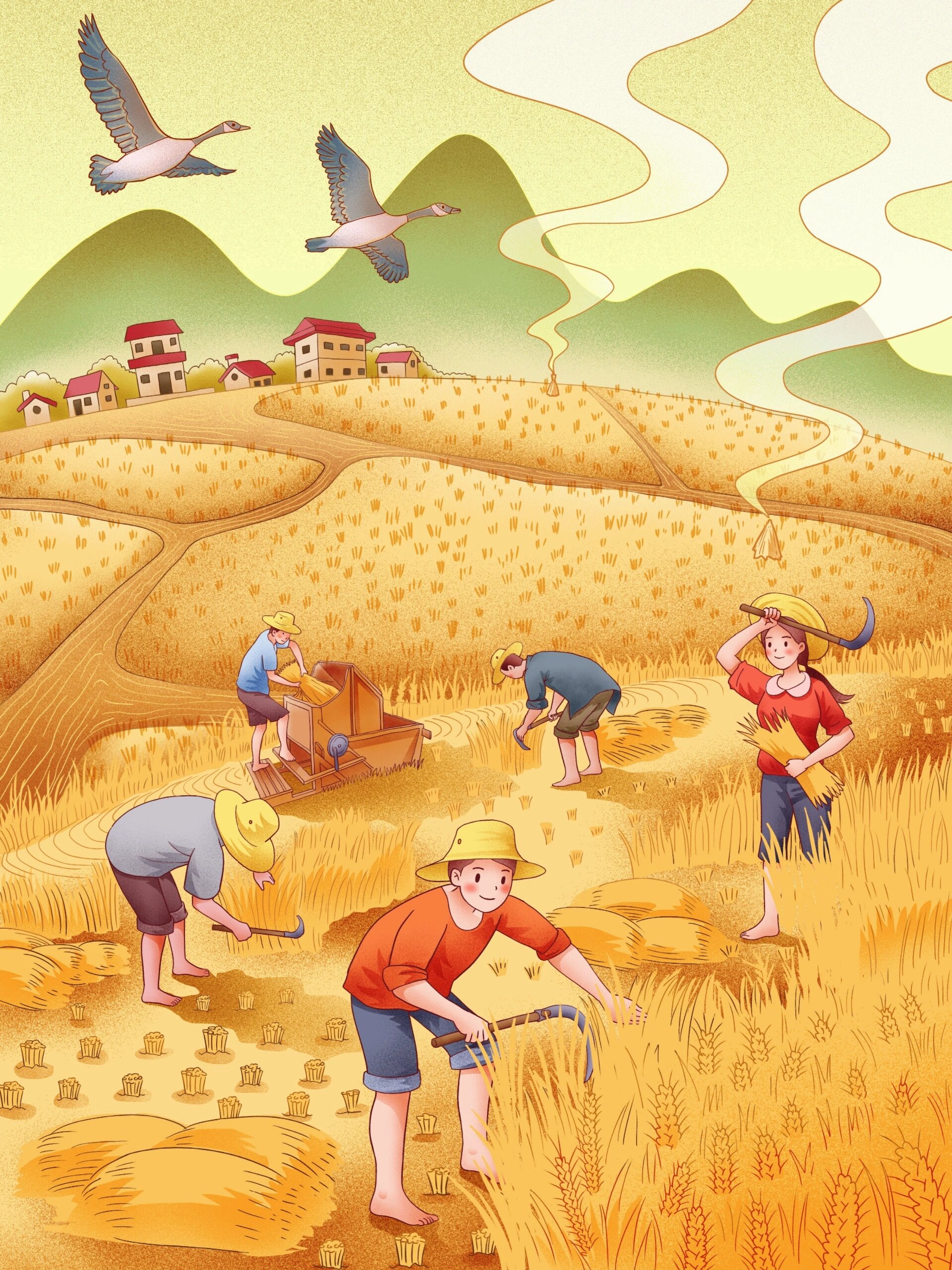 收割麦田插画|乡村生活|童年回忆