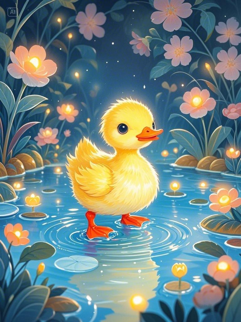 彩铅插画,童话故事,手绘感,细腻,一个可爱的小黄鸭,在池塘里游泳,温暖